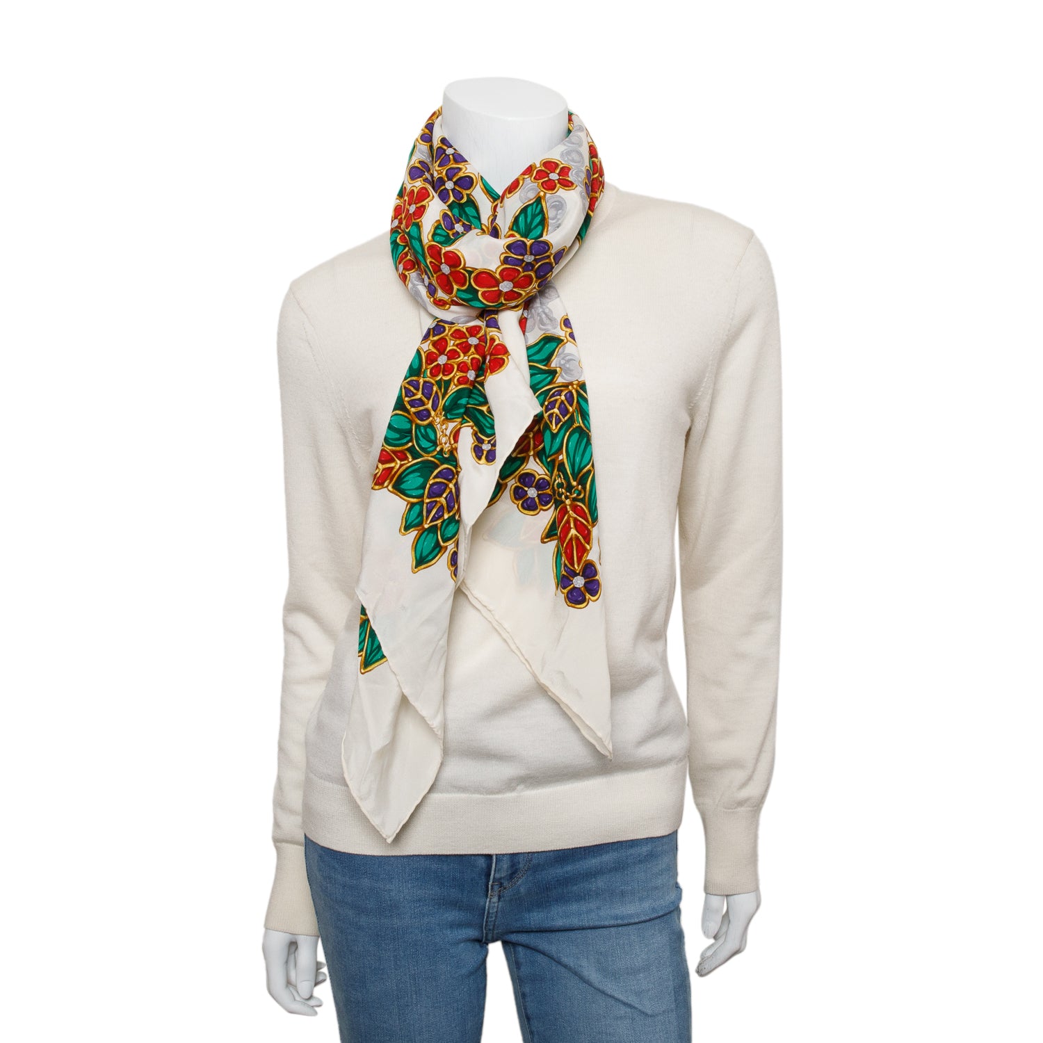 Chanel Neutral/Multicolor Printed Square Silk Stole Scarf w/ Box