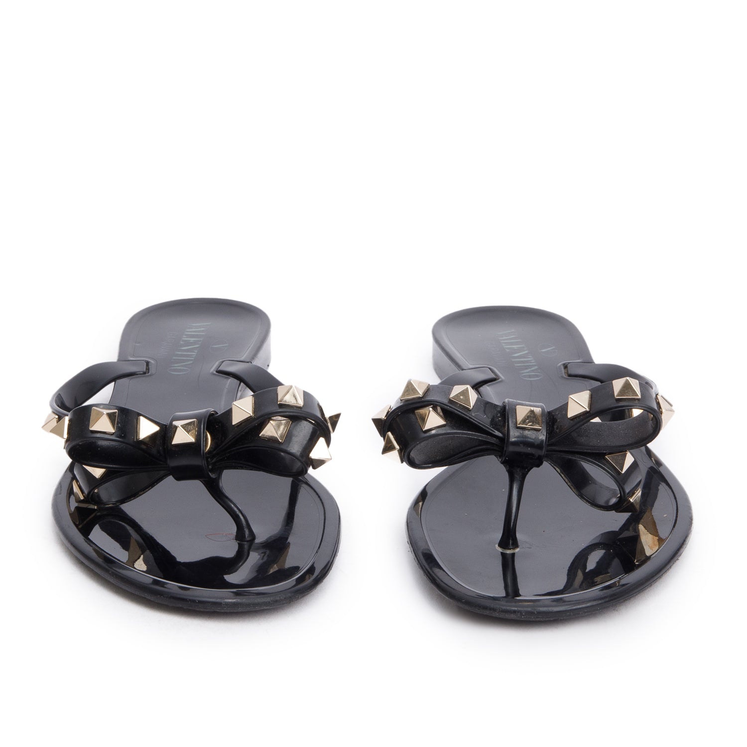 Valentino Black Rubber Bow Rockstud Jelly Thong Sandals, Size 37