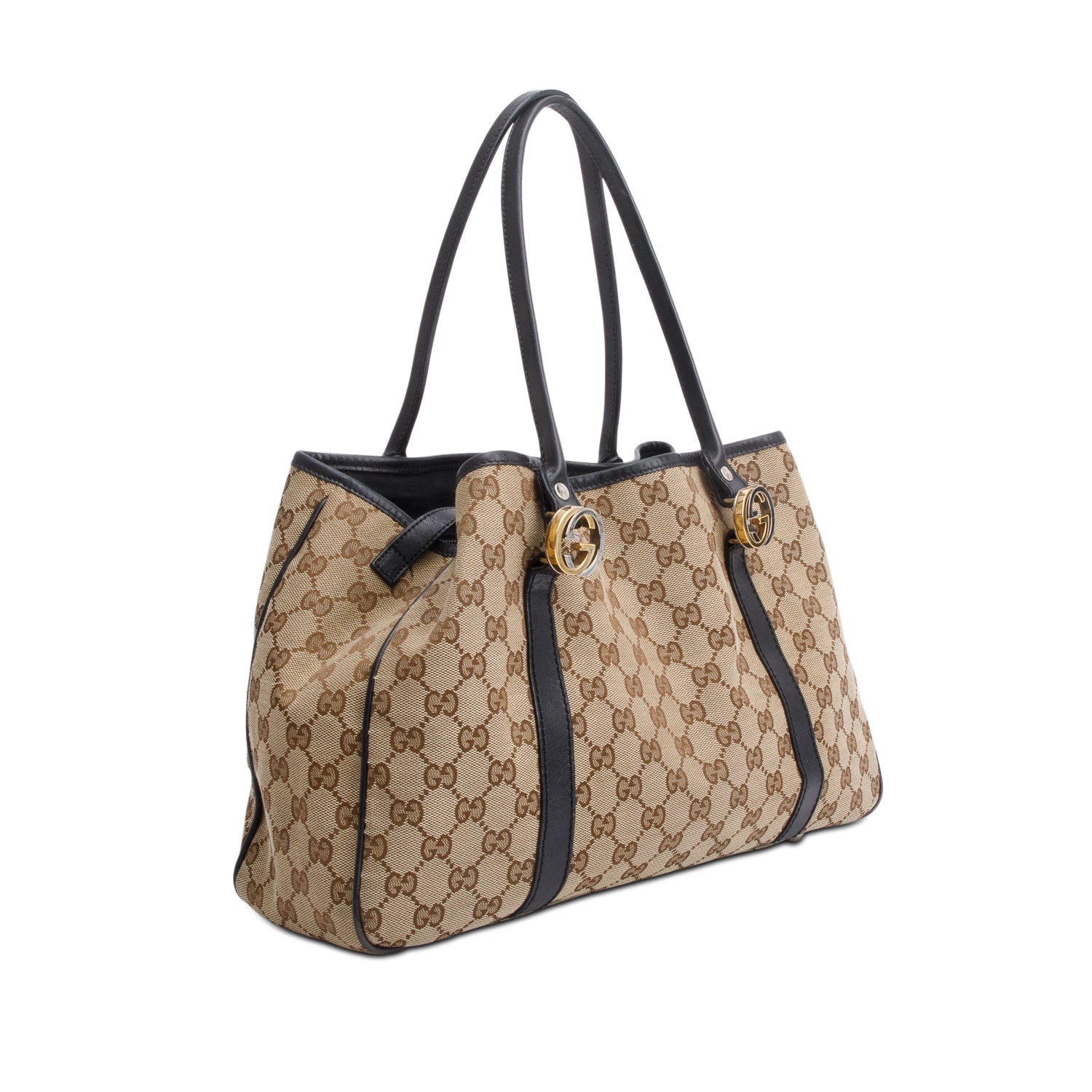 Gucci Brown Leather Trim GG Canvas Medium Twin Tote
