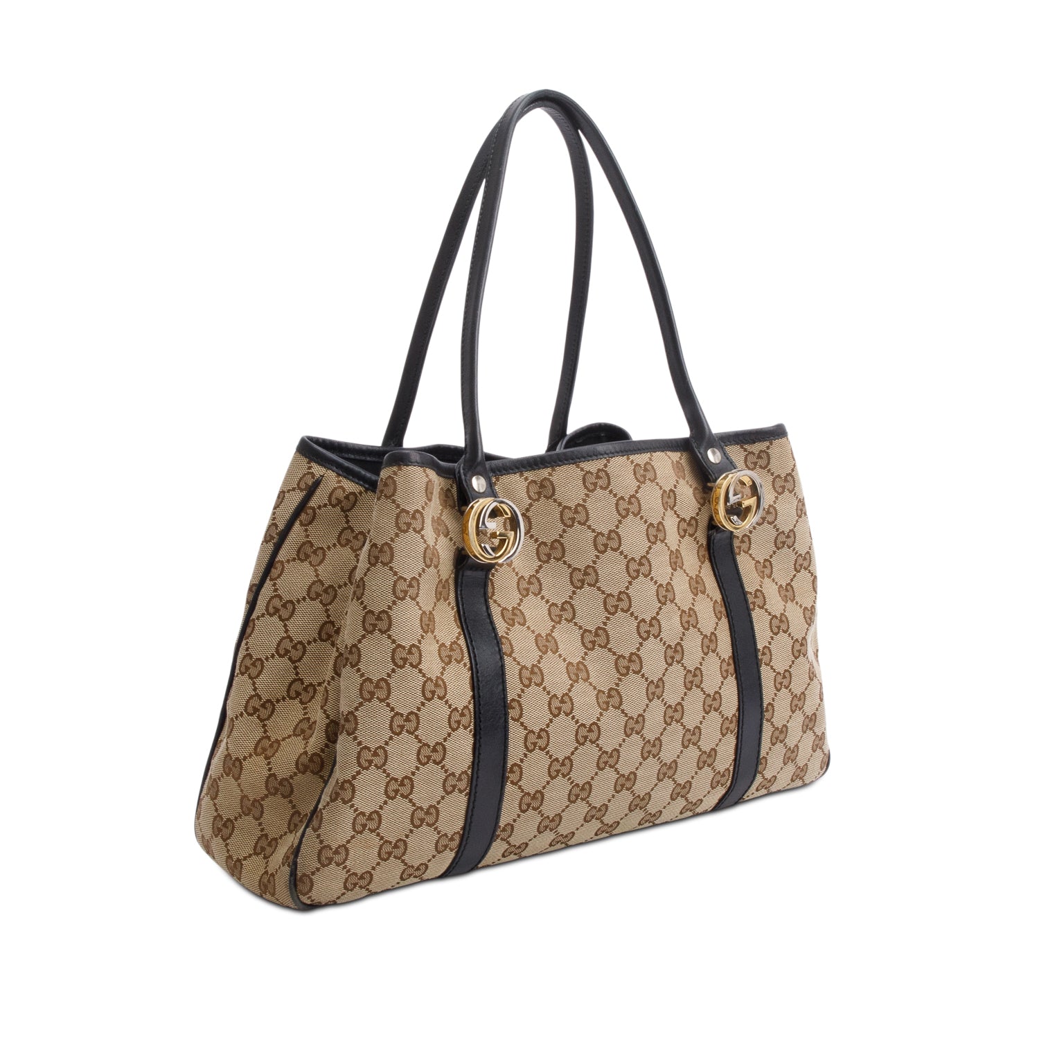 Gucci Brown Leather Trim GG Canvas Medium Twin Tote