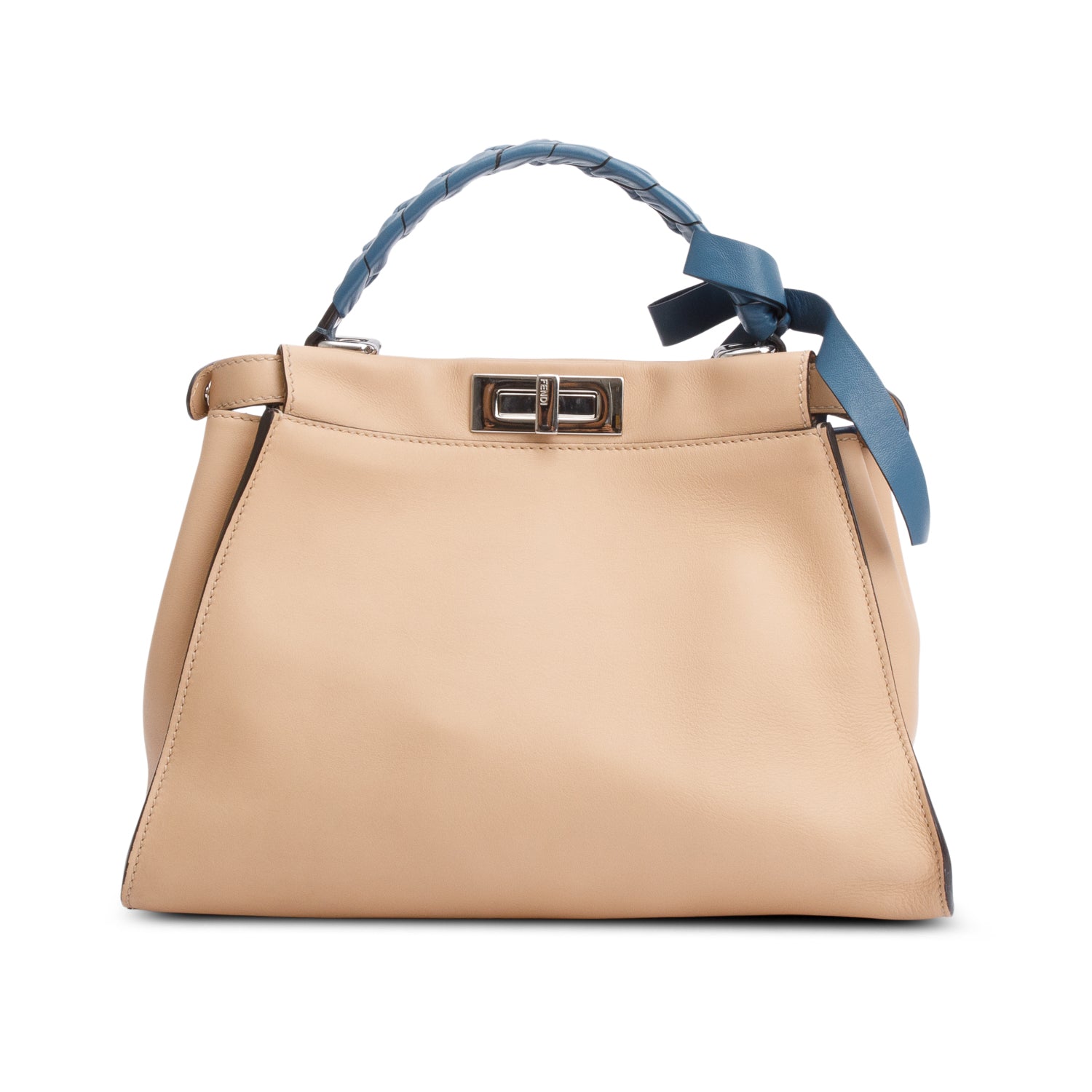 Fendi Beige Calfskin Leather Medium Peekaboo Blue Ribbon Bag w/ Studded Wide Strap