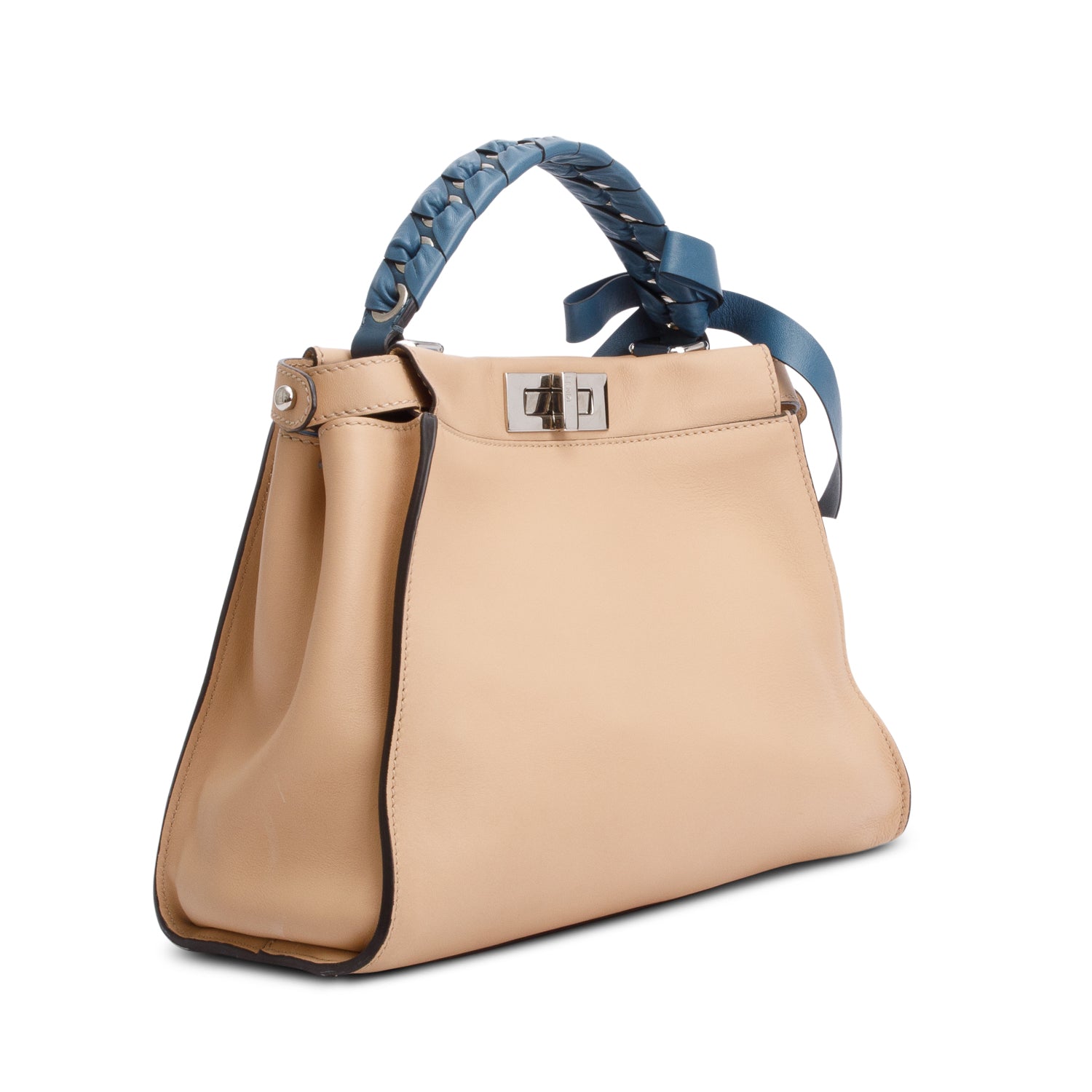 Fendi Beige Calfskin Leather Medium Peekaboo Blue Ribbon Bag w/ Studded Wide Strap