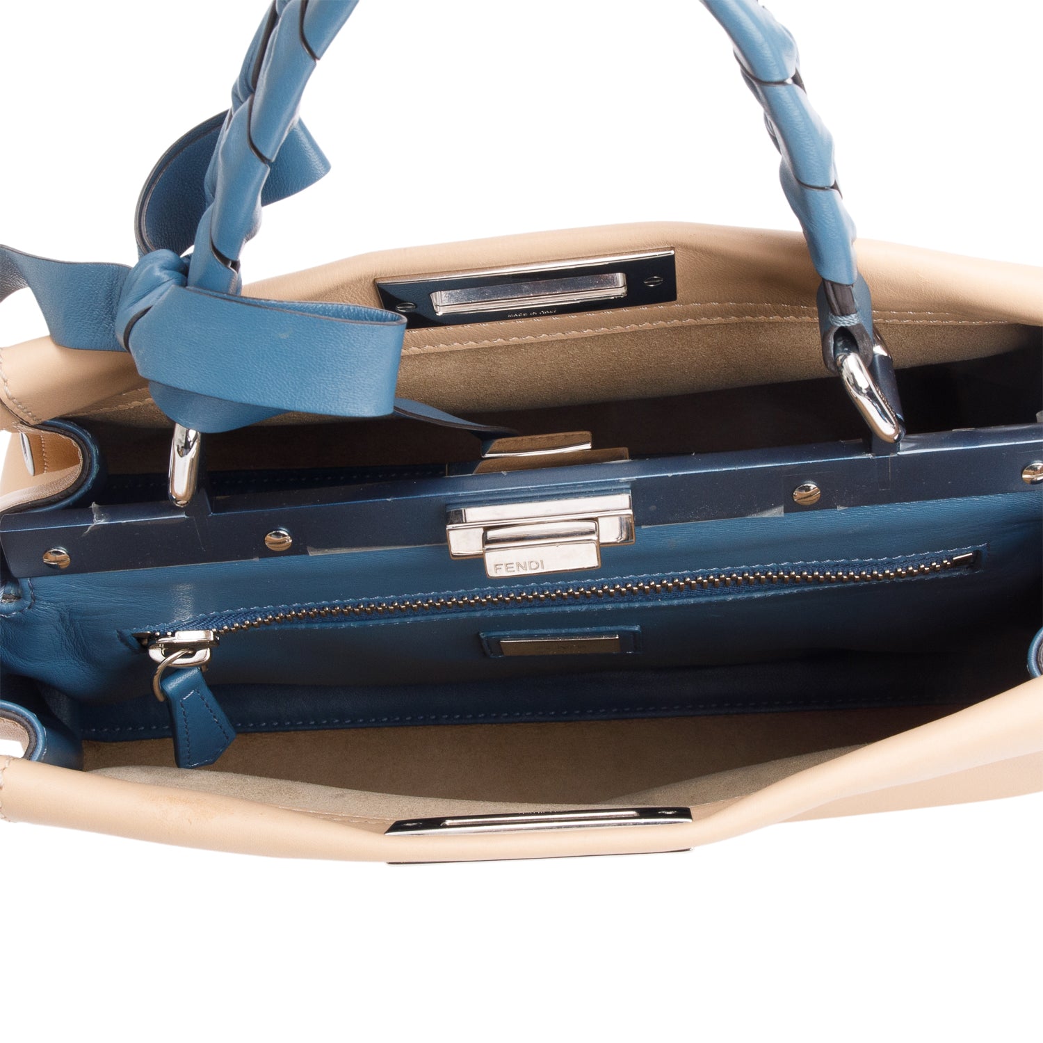 Fendi Beige Calfskin Leather Medium Peekaboo Blue Ribbon Bag w/ Studded Wide Strap