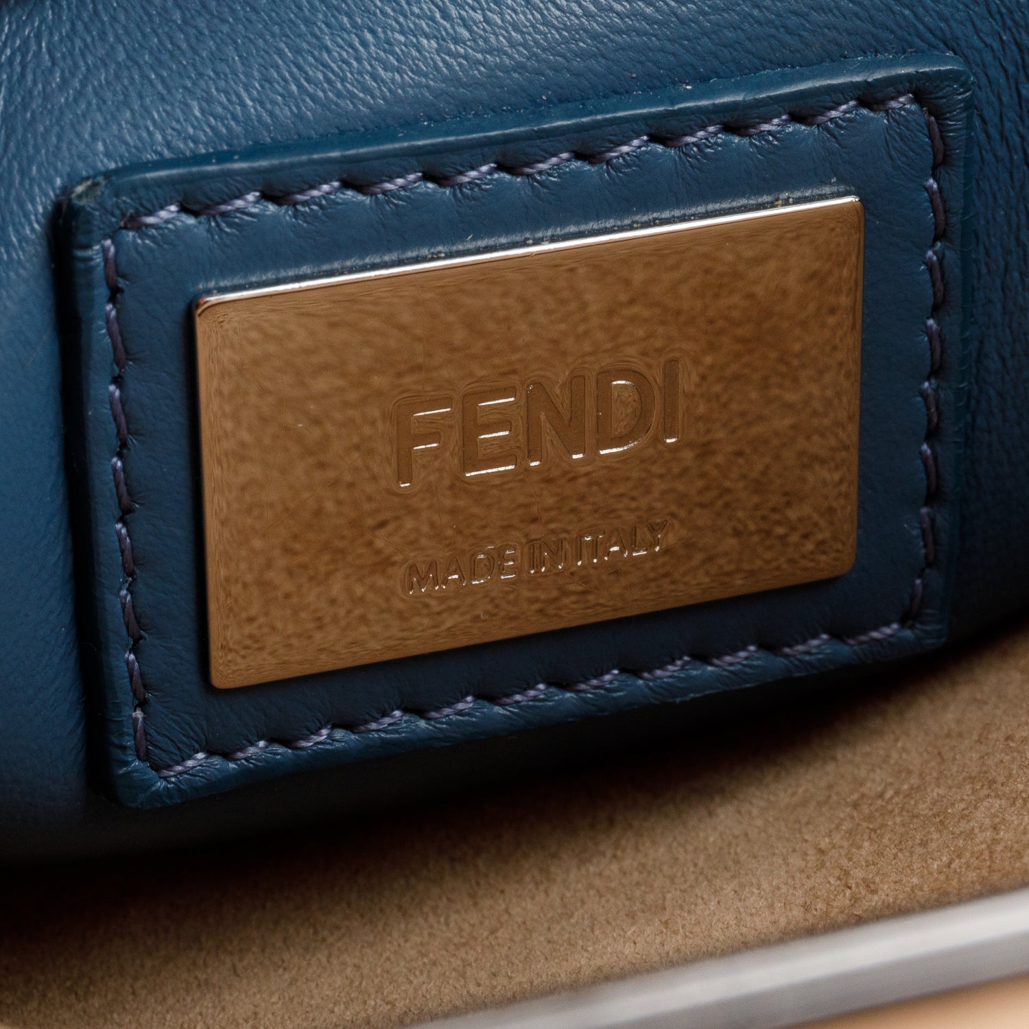 Fendi Beige Calfskin Leather Medium Peekaboo Blue Ribbon Bag w/ Studded Wide Strap