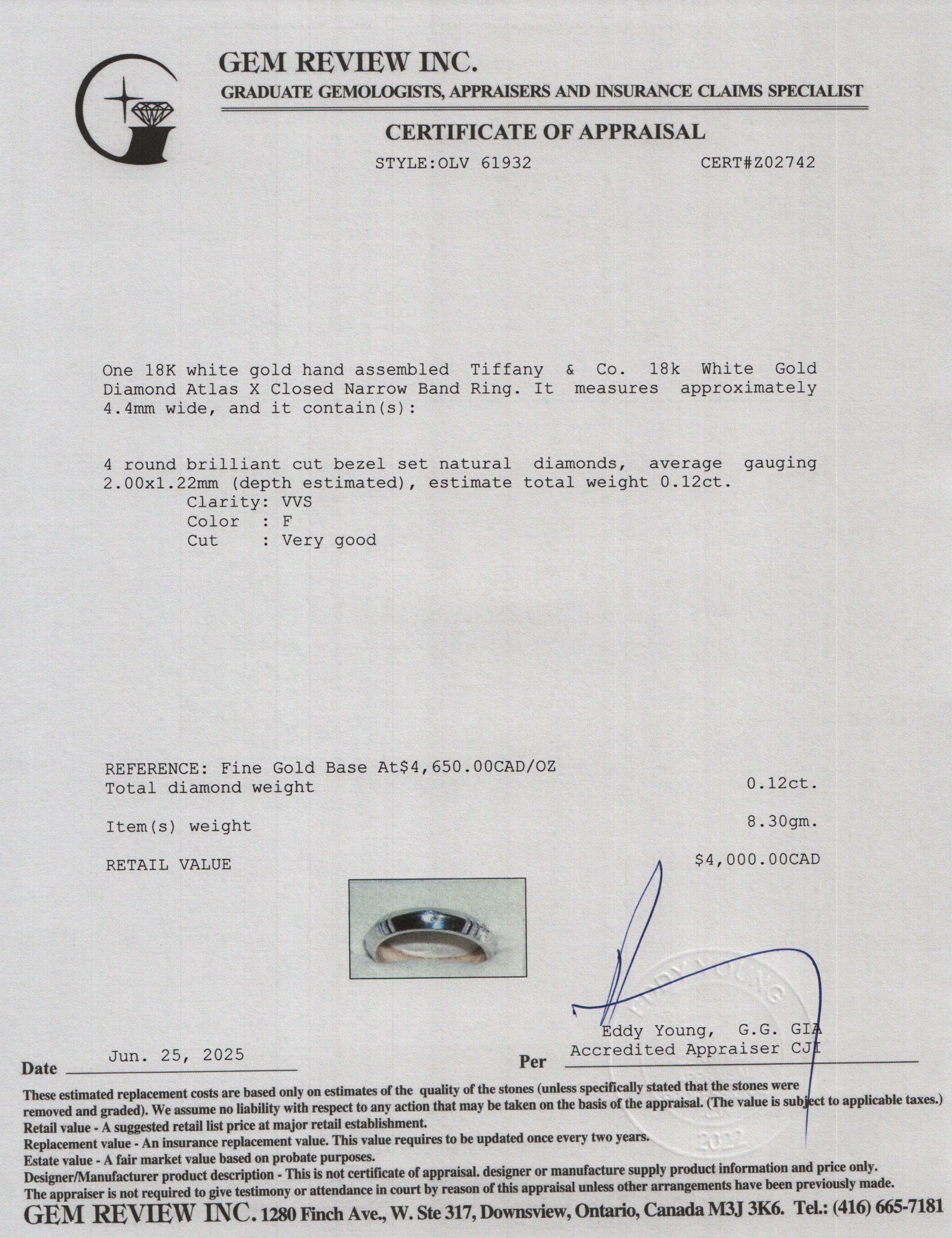 Tiffany & Co. 18k White Gold Diamond Atlas X Closed Narrow Band Ring, Size 9 w/ Box