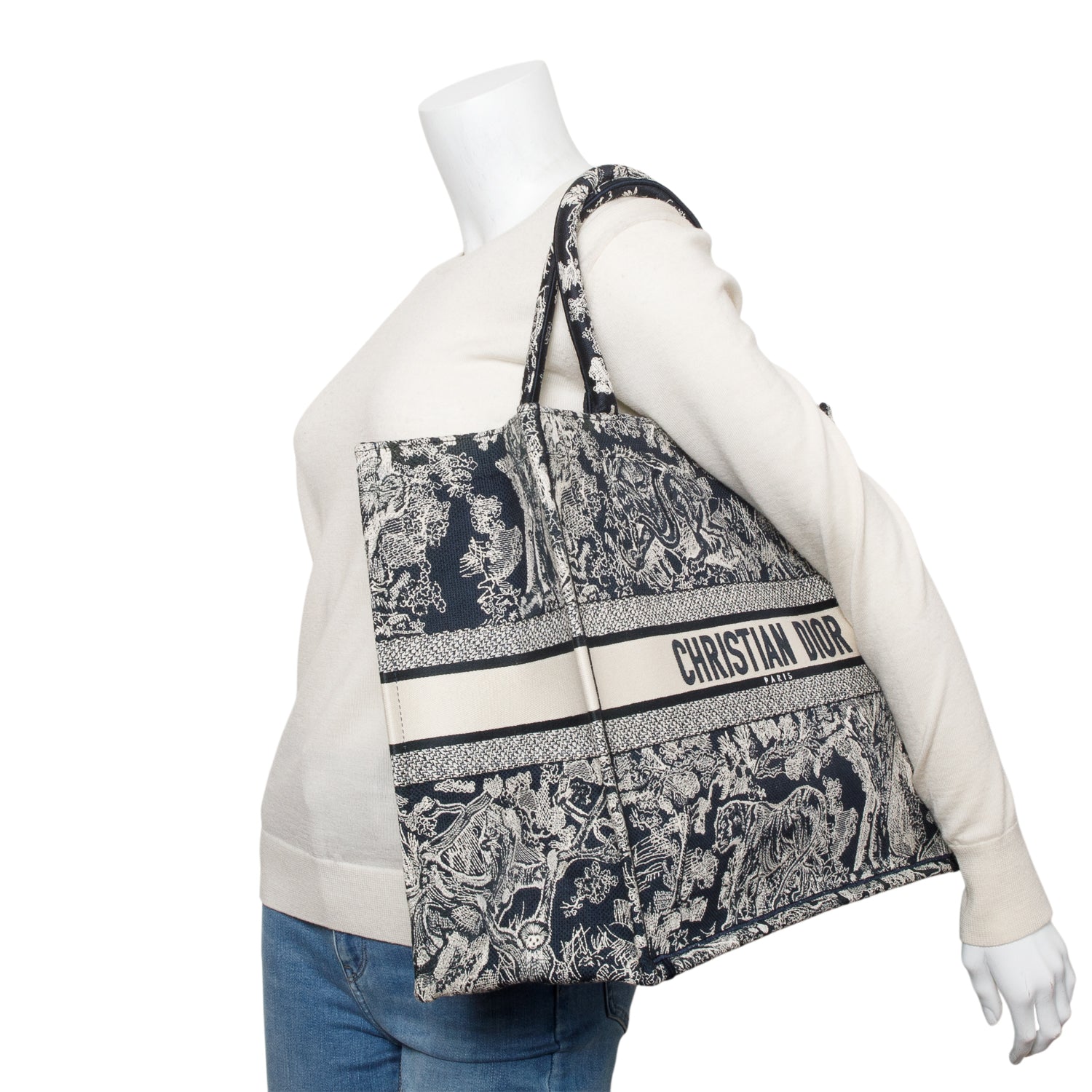 Christian Dior 2022 Large Ecru and Blue Toile de Jouy  Embroidery Canvas Book Tote w/ Authenticity Card