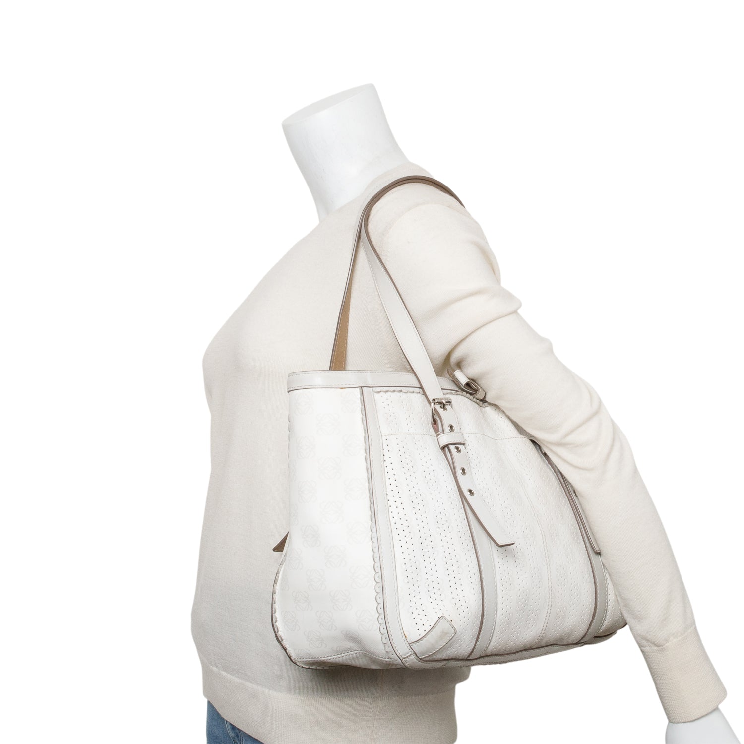 Loewe White Perforated Anagram Coated Canvas Tote