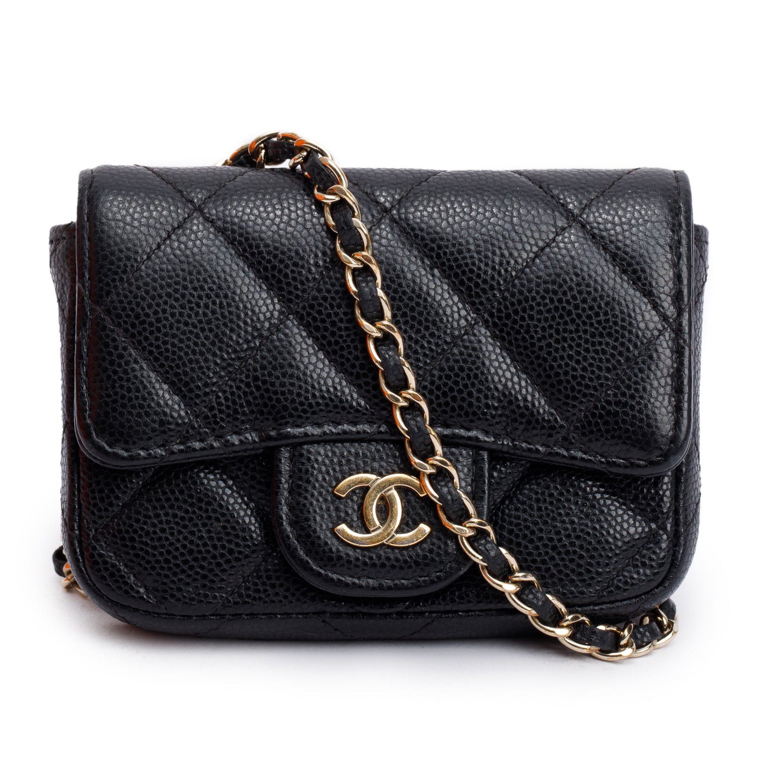 Chanel 2020 Black Quilted Caviar Leather Classic Card Holder Chain Belt Bag