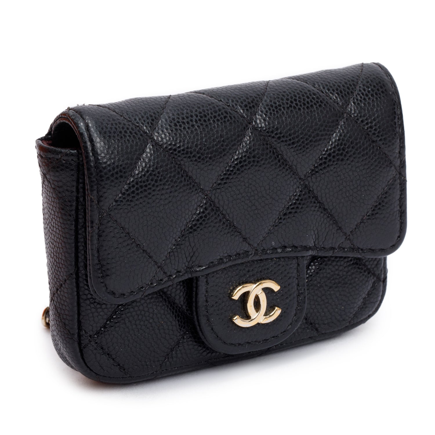 Chanel 2020 Black Quilted Caviar Leather Classic Card Holder Chain Belt Bag