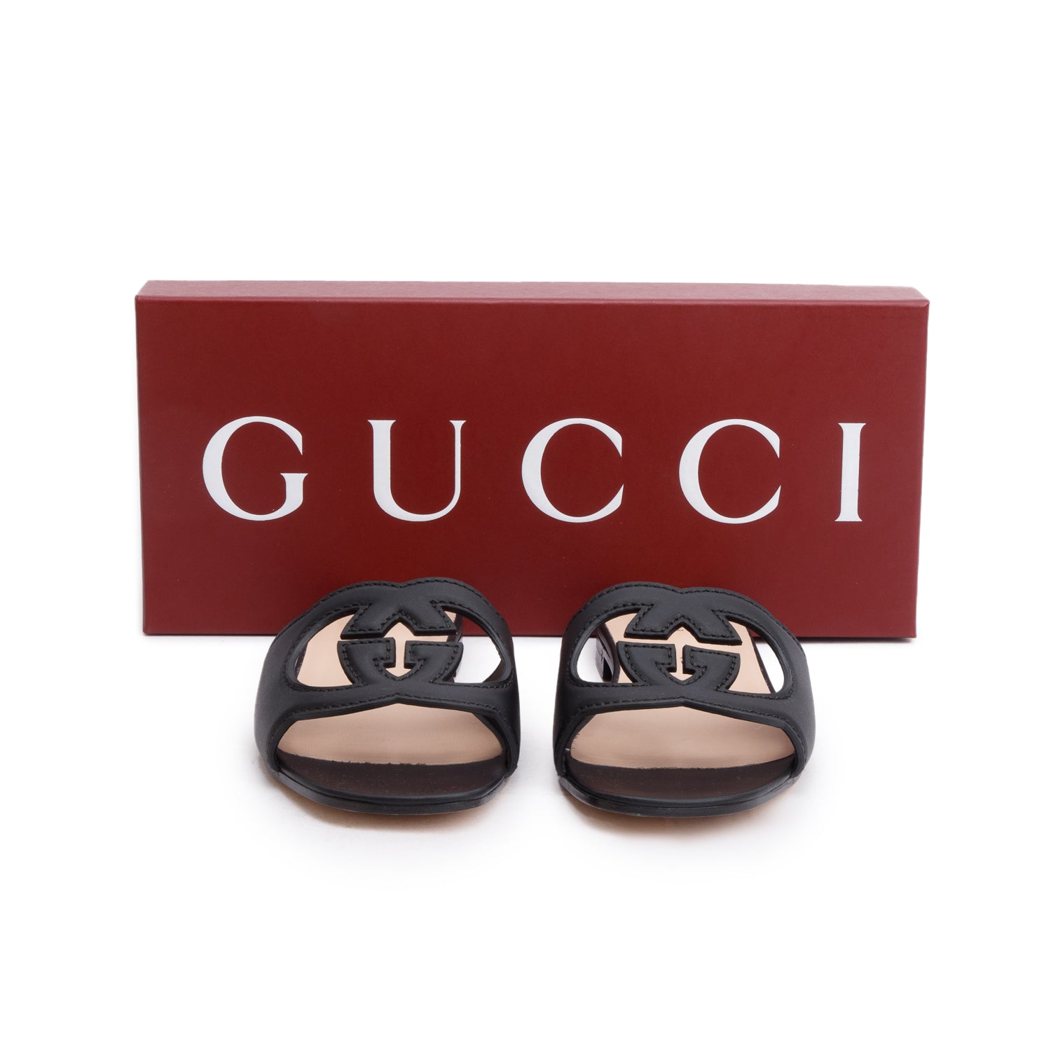 Gucci 2025 Black Leather Interlocking G Cutout Slide Sandals, Size 38.5 w/ Box & Receipt