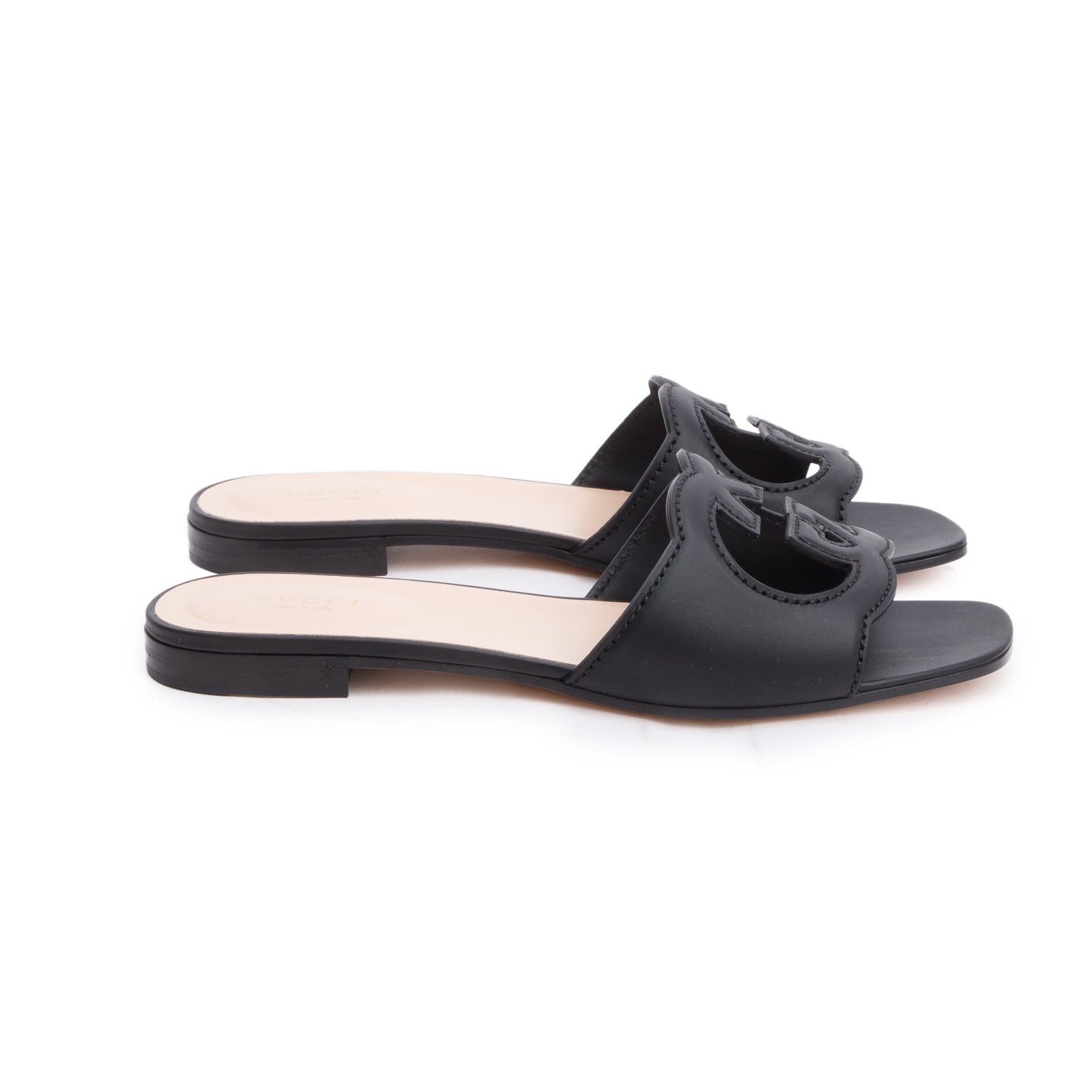 Gucci 2025 Black Leather Interlocking G Cutout Slide Sandals, Size 38.5 w/ Box & Receipt