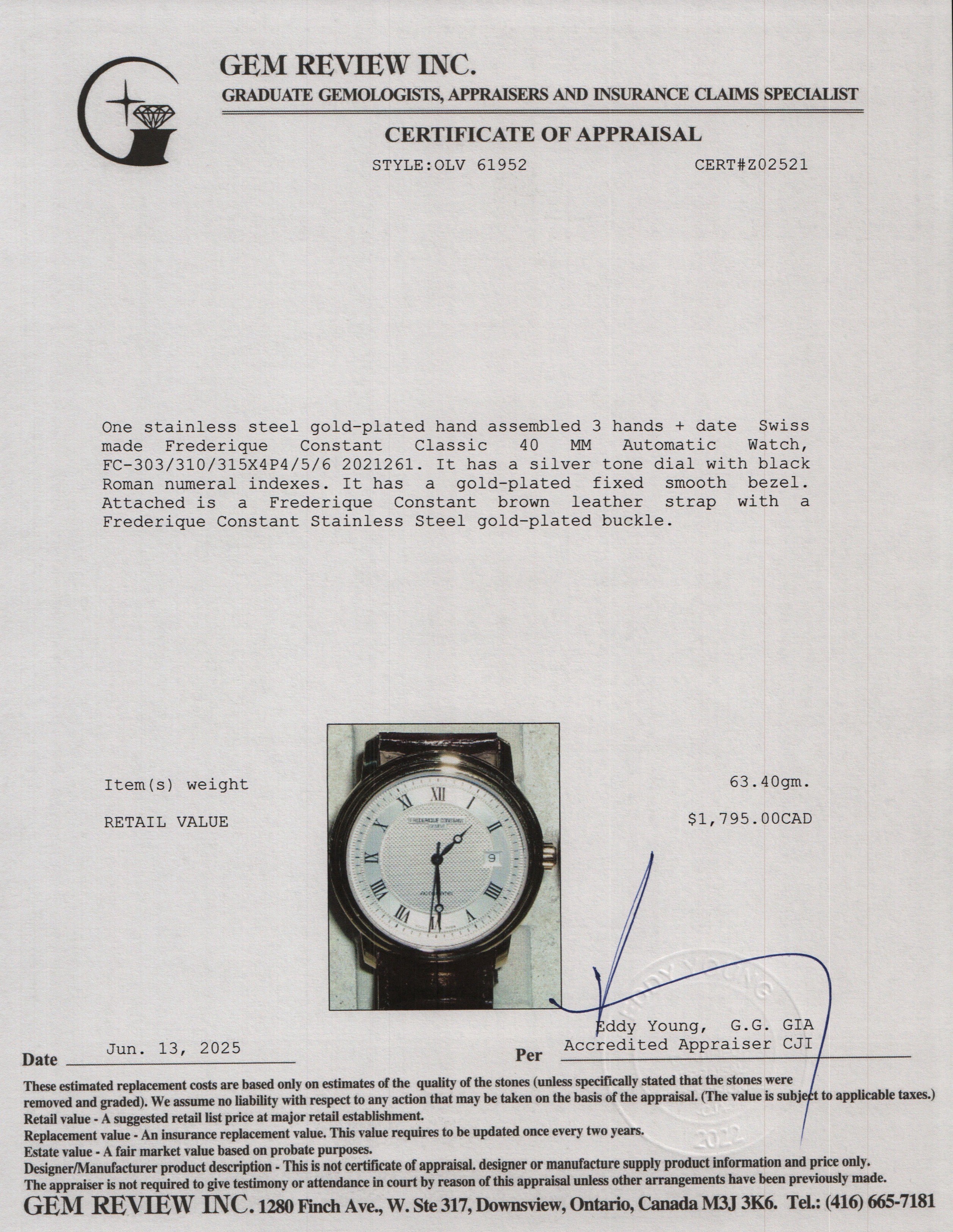 Frederique Constant Gold-Plated Stainless Steel Classic 40 MM Automatic Watch