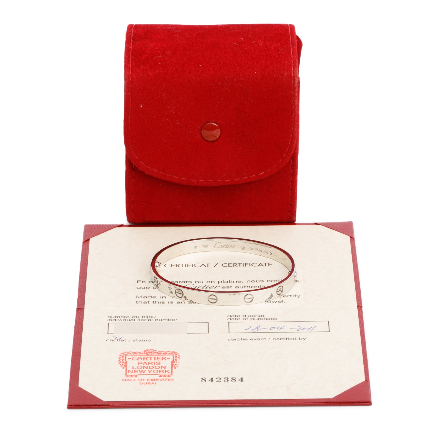 Cartier 18k White Gold Love Bracelet, Size 18 w/ Certificate