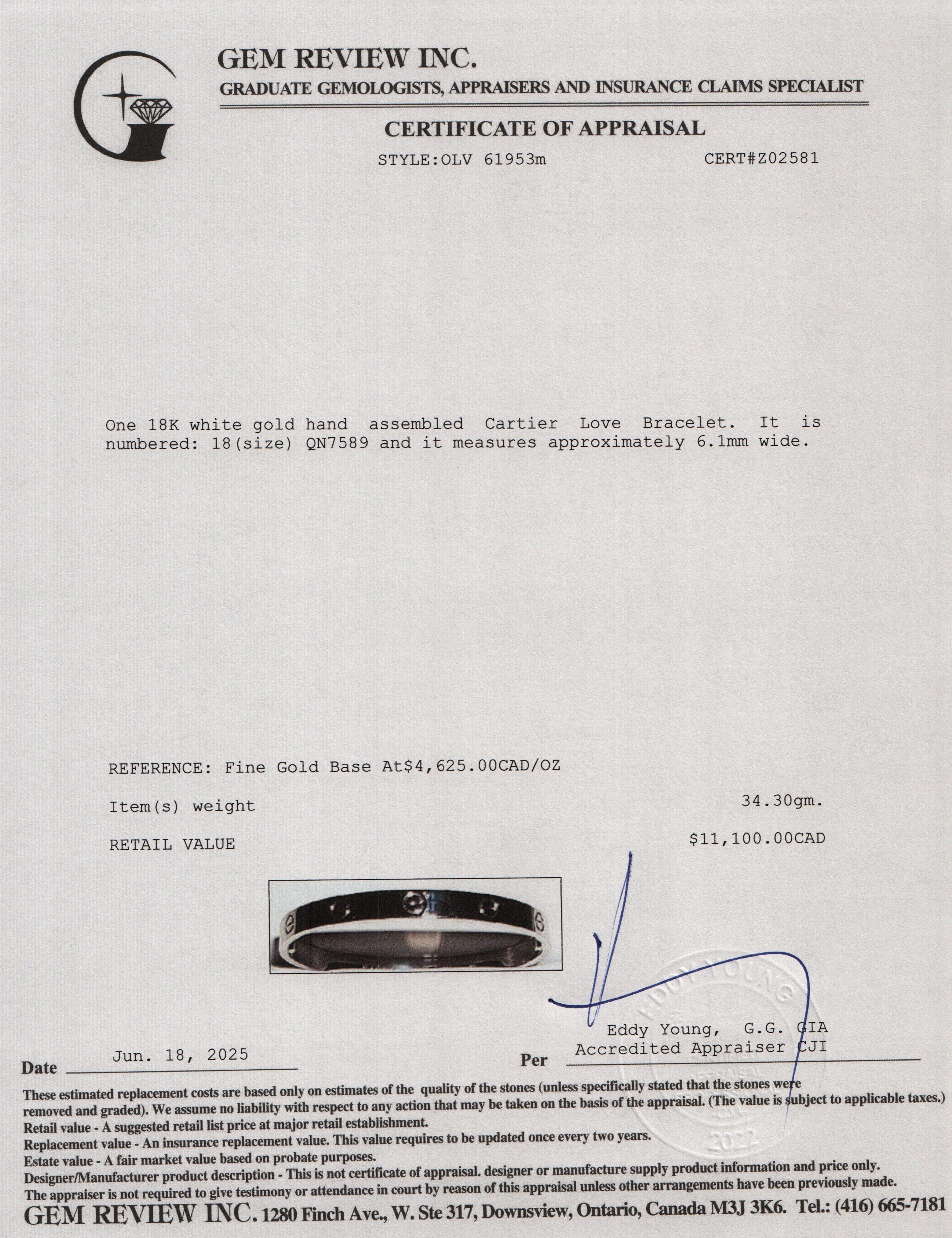 Cartier 18k White Gold Love Bracelet, Size 18 w/ Certificate