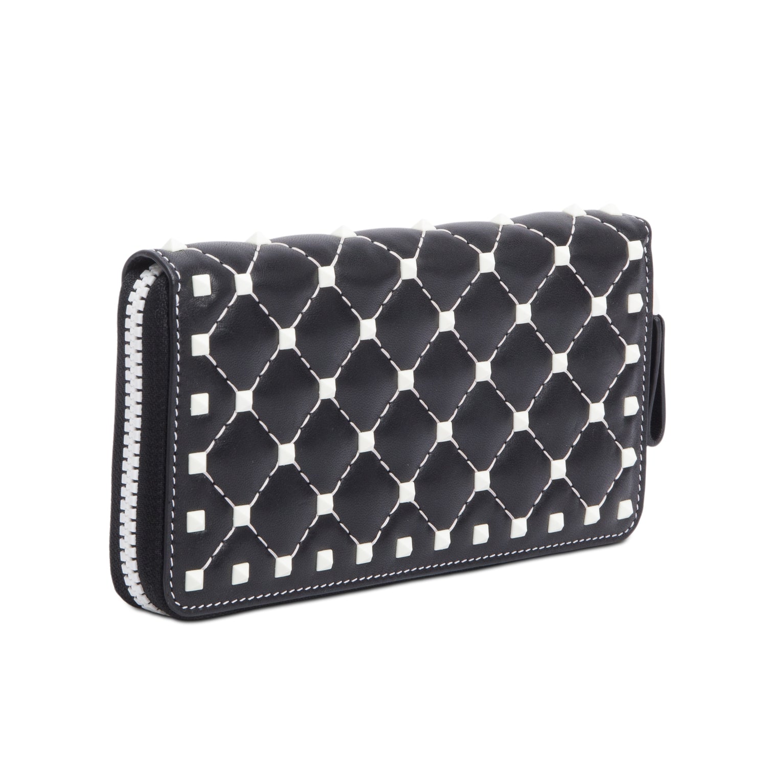 Valentino Black Calfskin Leather White Spike Rockstud Zippered Wallet