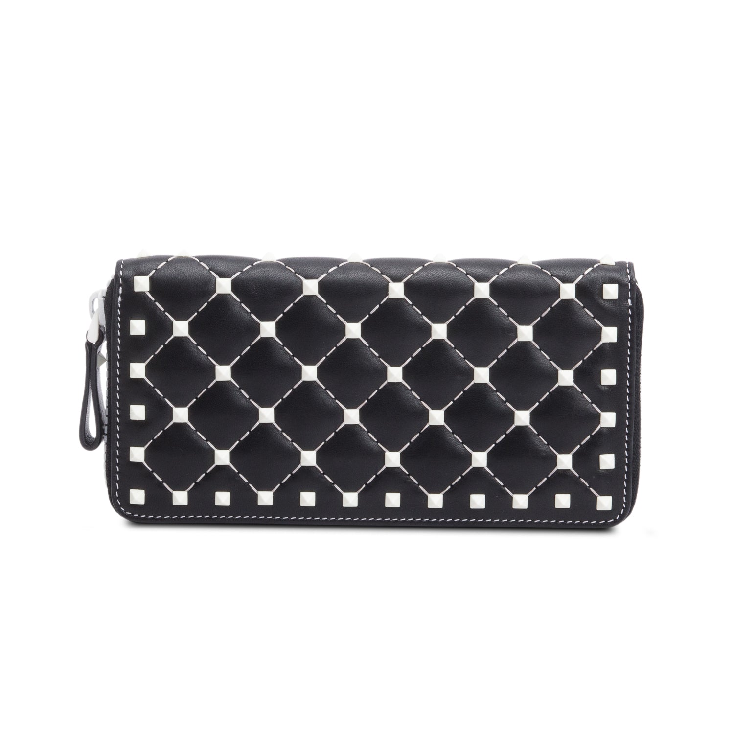 Valentino Black Calfskin Leather White Spike Rockstud Zippered Wallet