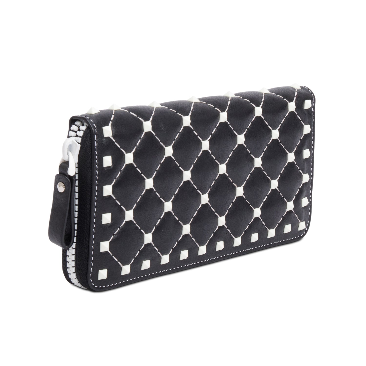 Valentino Black Calfskin Leather White Spike Rockstud Zippered Wallet