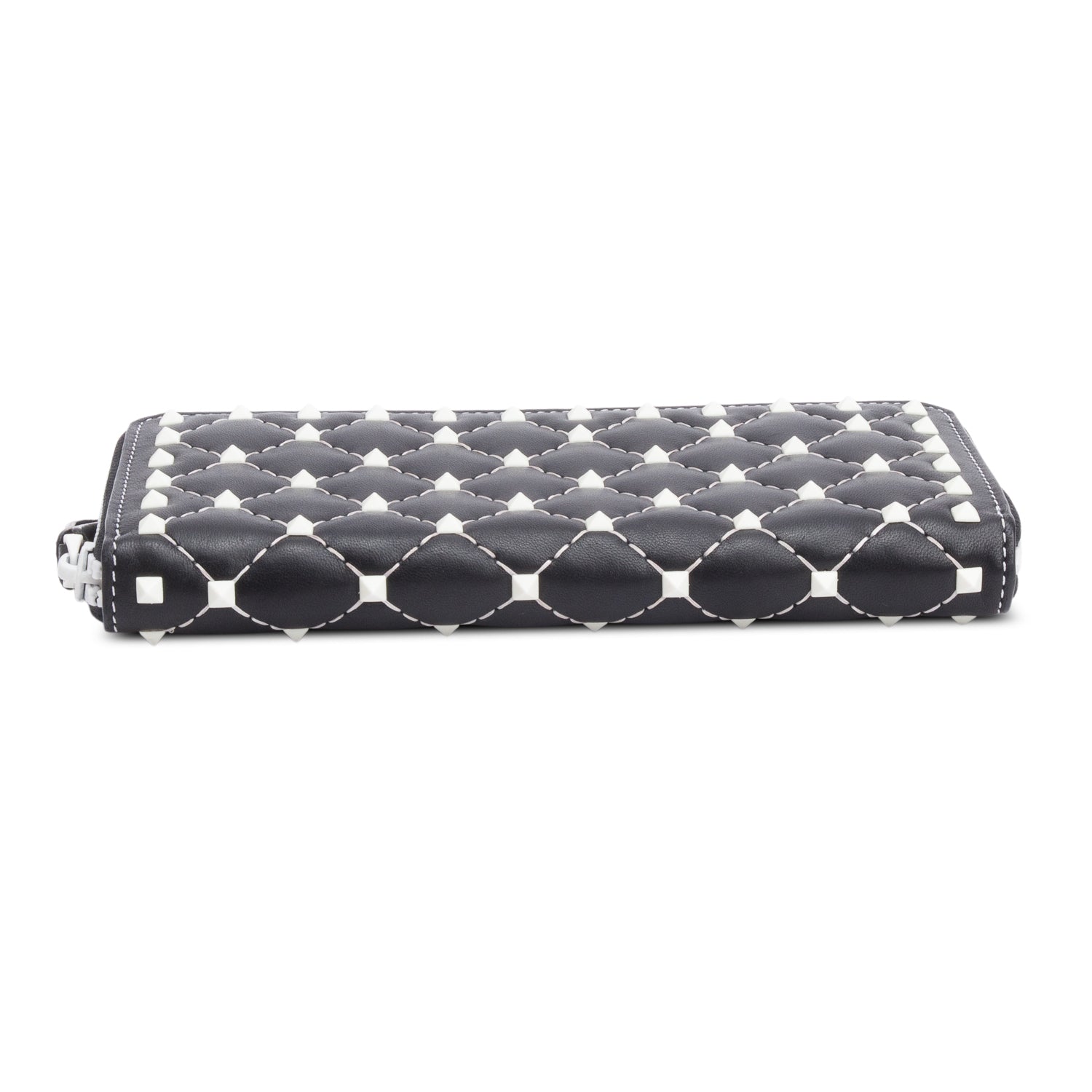 Valentino Black Calfskin Leather White Spike Rockstud Zippered Wallet