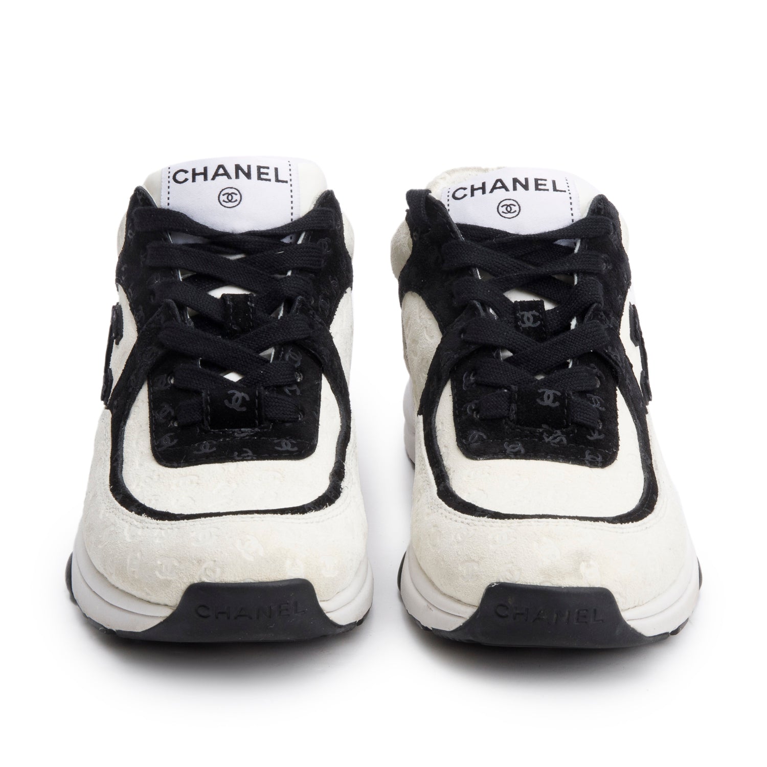Chanel White/ Black logo Embossed Suede Interlocking CC Logo Sneakers, Size 35