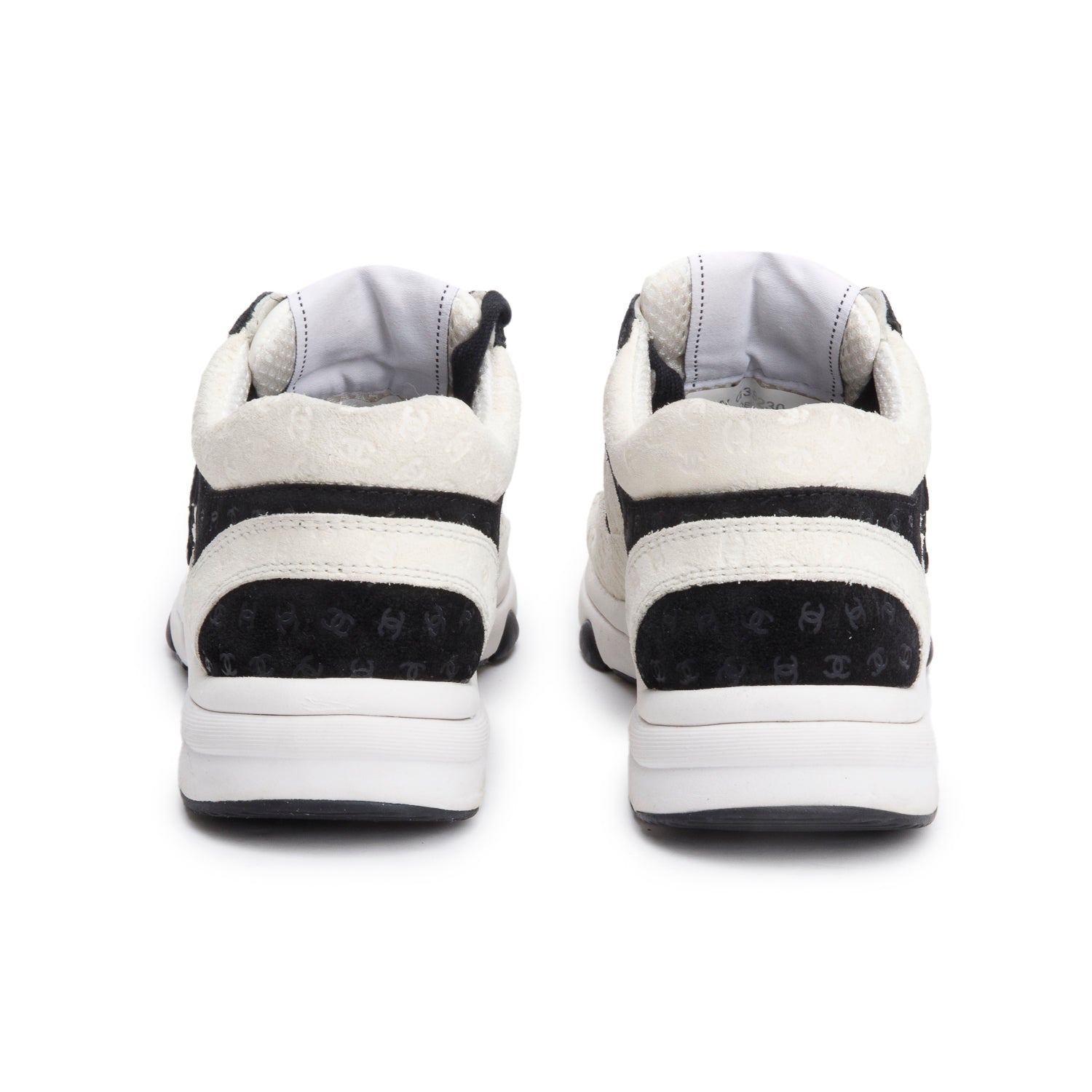 Chanel White/ Black logo Embossed Suede Interlocking CC Logo Sneakers, Size 35