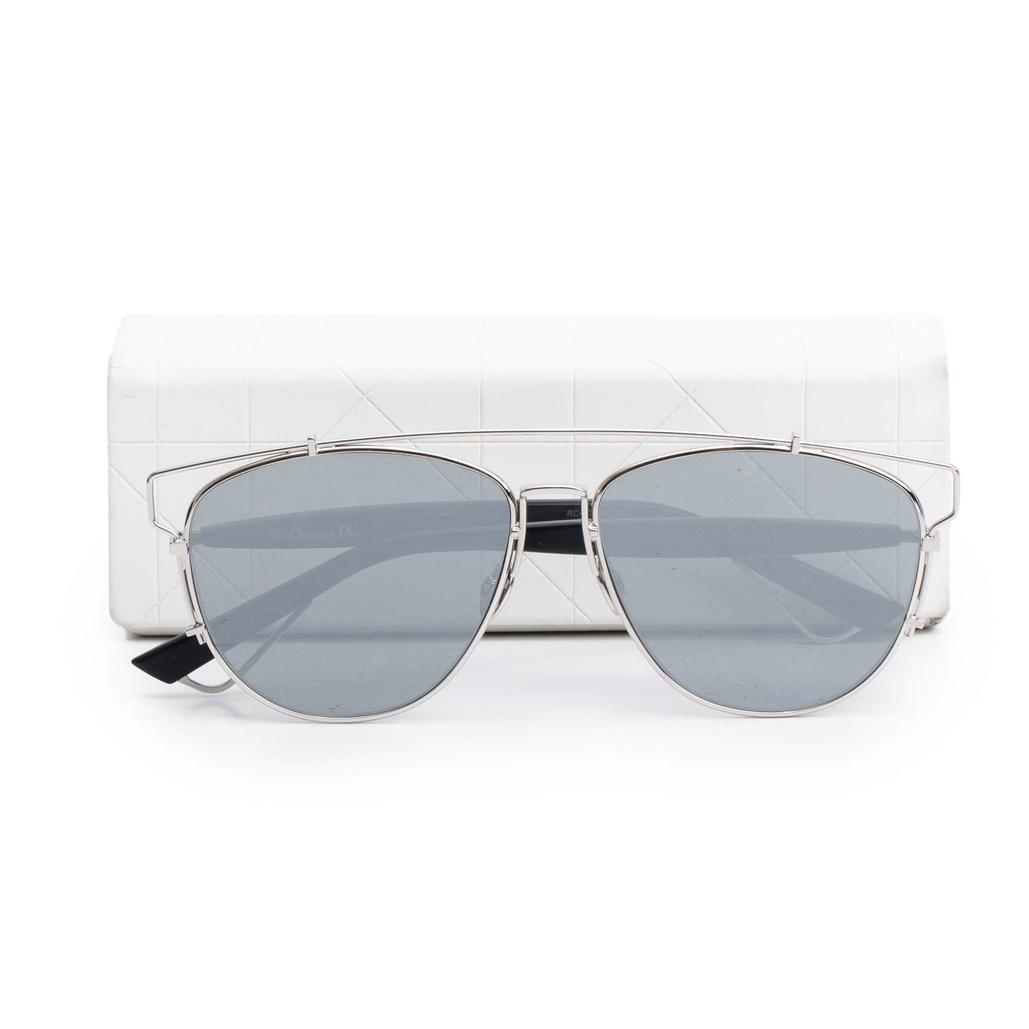 Christian Dior Silver-Tone Metal Black Acetate DiorTechnologic Mirrored Sunglasses w/ Case