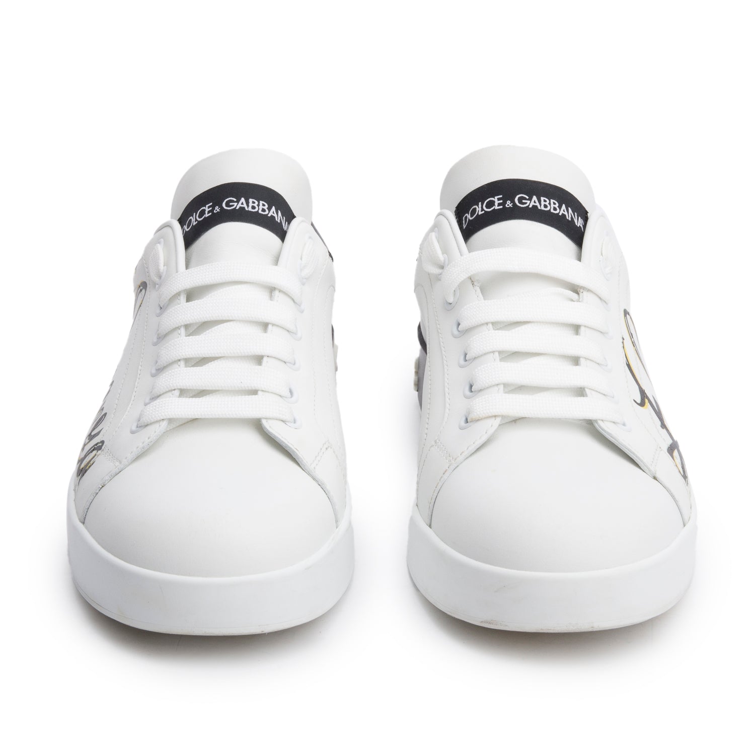 Dolce & Gabbana Black/White Printed Leather Signature Logo Portofino Sneaker, Size 40