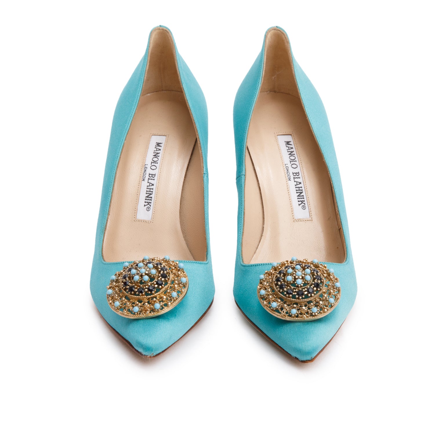 Manolo Blahnik Turquoise Satin Giuba Embellised Pumps, Size 36 w/ Box