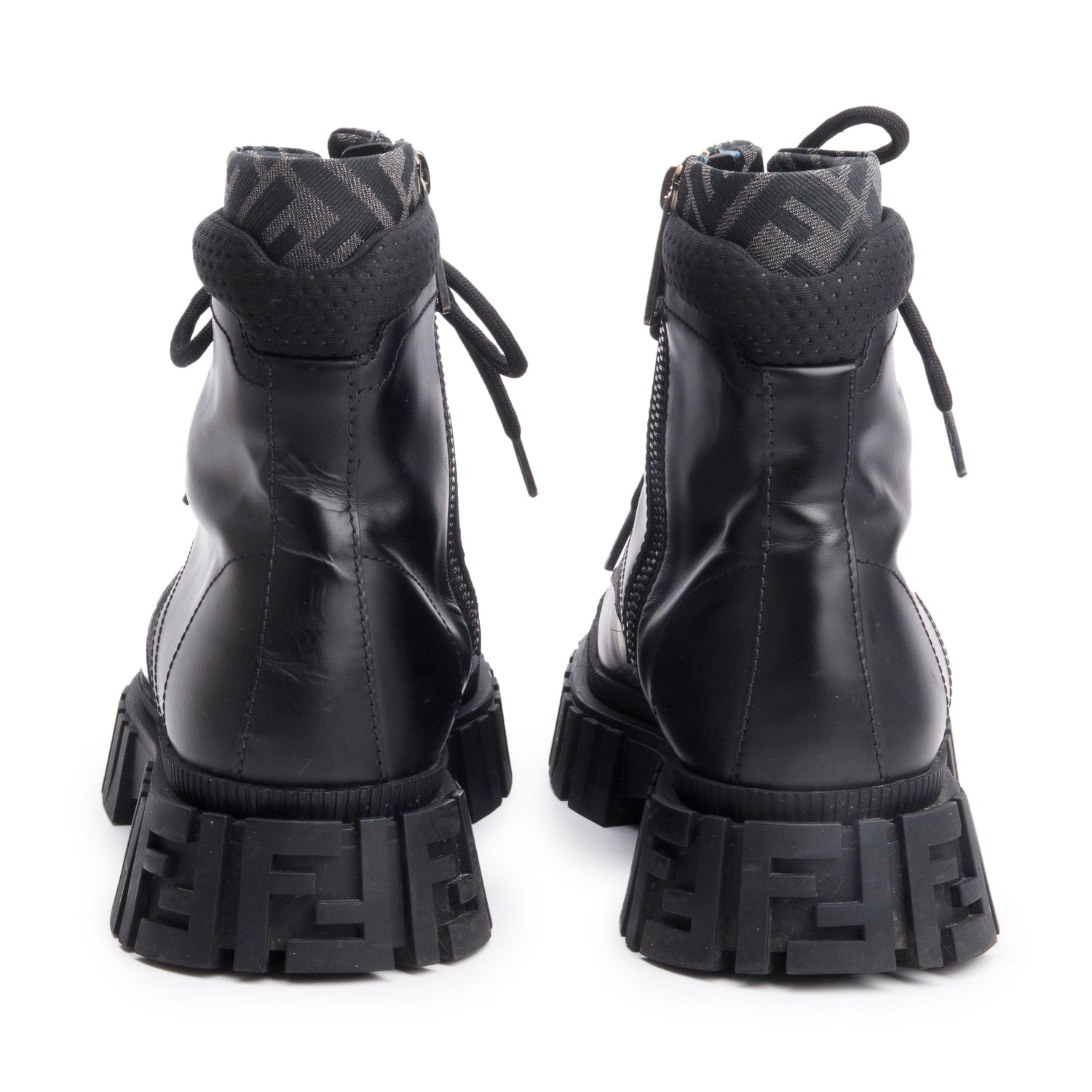Fendi Black FF Canvas Black Leather Force Combat Boots, Men's Size 10