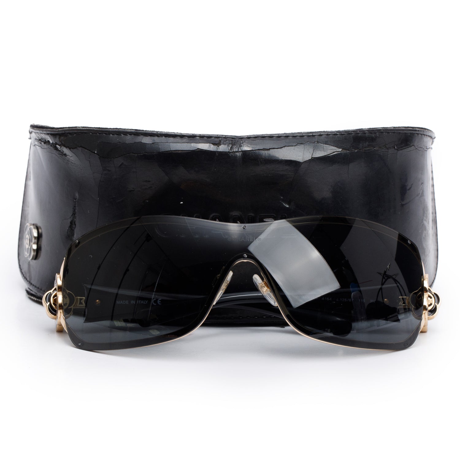 Chanel 4164 Black Acetate Enamel Camellia Shield Sunglasses w/ Case