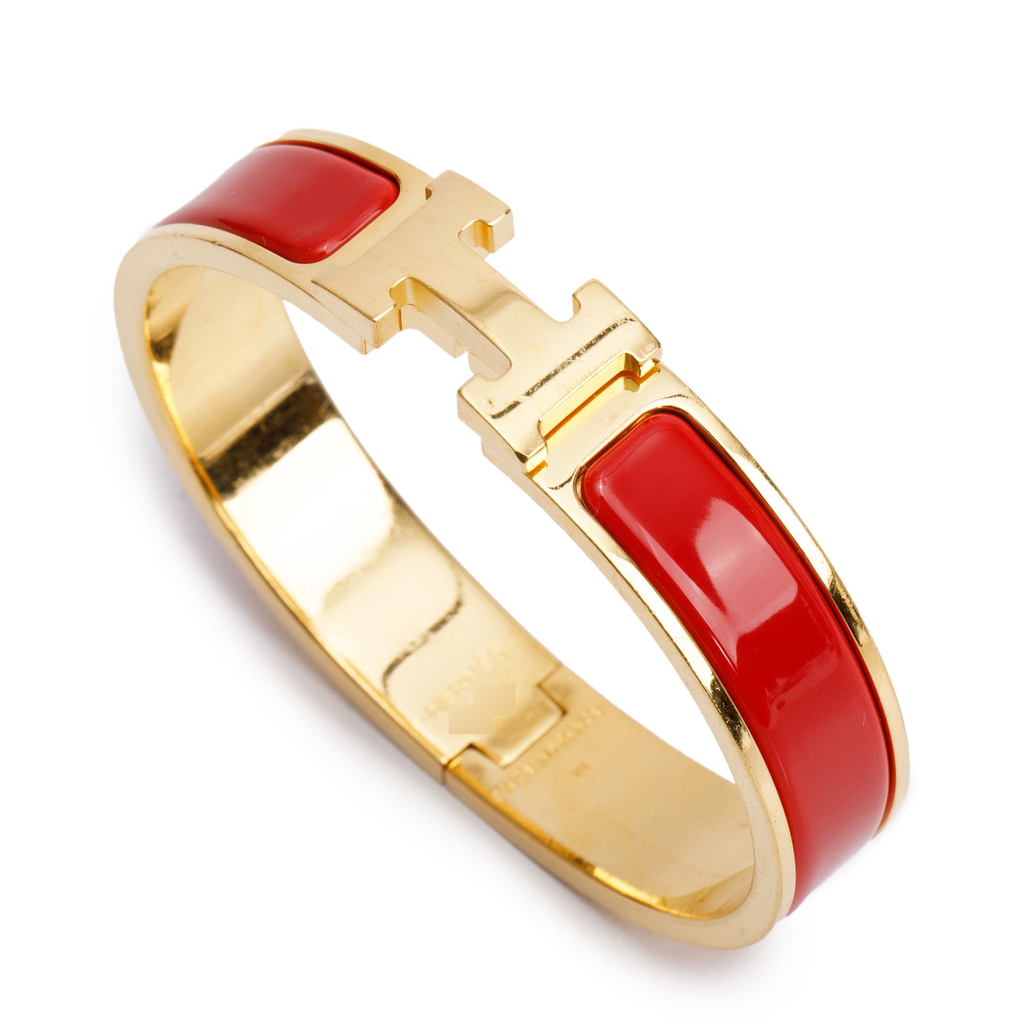 Hermes Yellow Gold Plated Red Enamel 12 MM Clic H Bracelet w/ Box