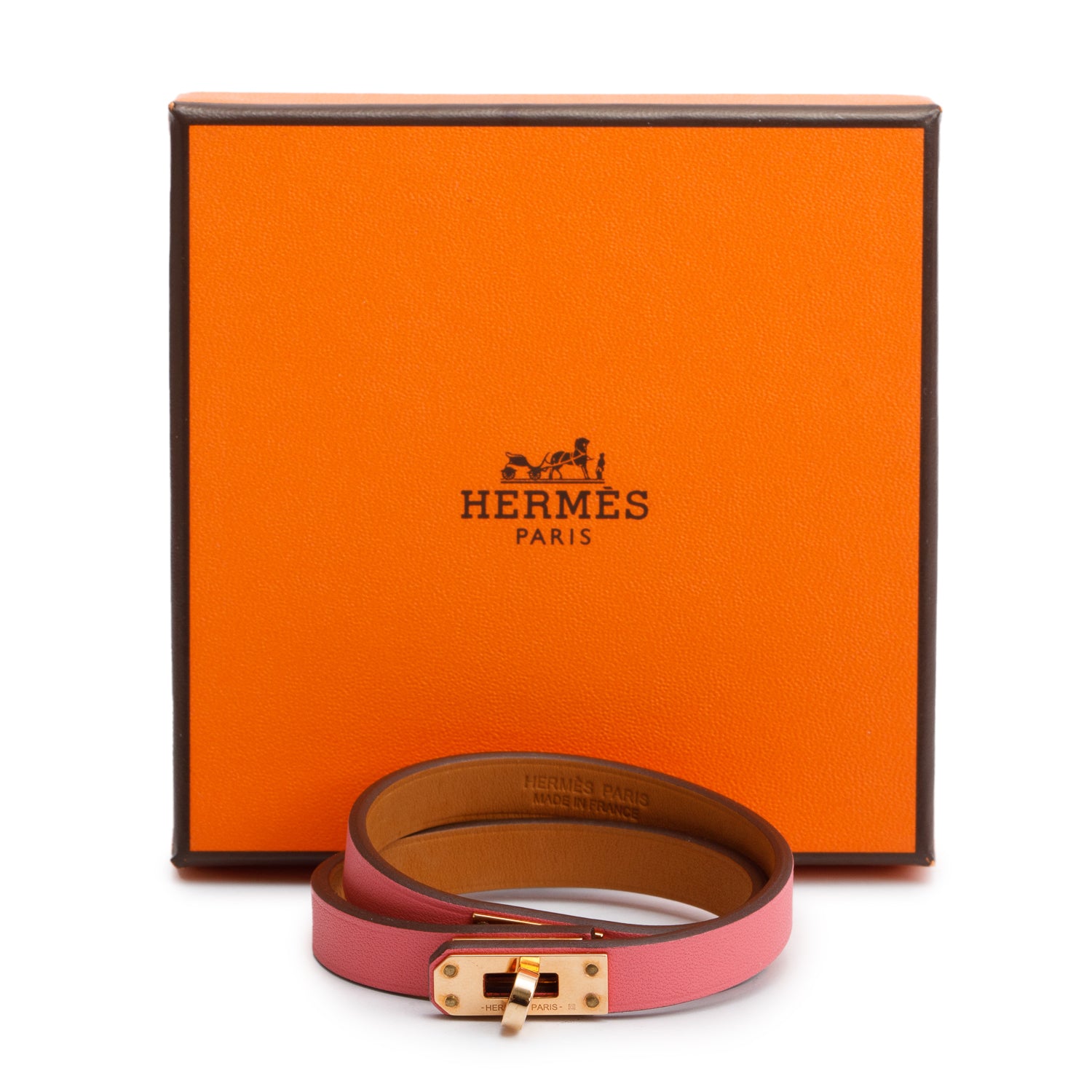Hermes Rose Gold Plated Pink Leather Mini Kelly Double Tour Bracelet, Size T2 w/ Box
