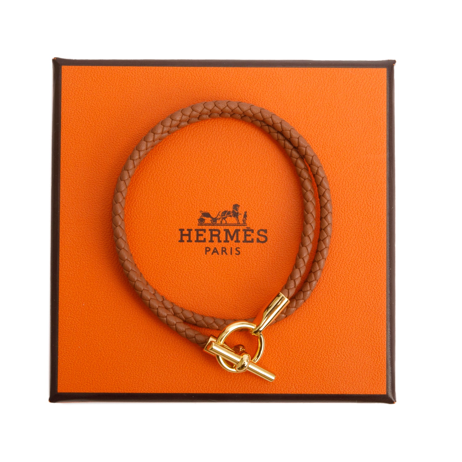 Hermes Yellow Gold Plated Glenan H Gold Braided Calfskin Leather Double Tour Bracelet w/ Box