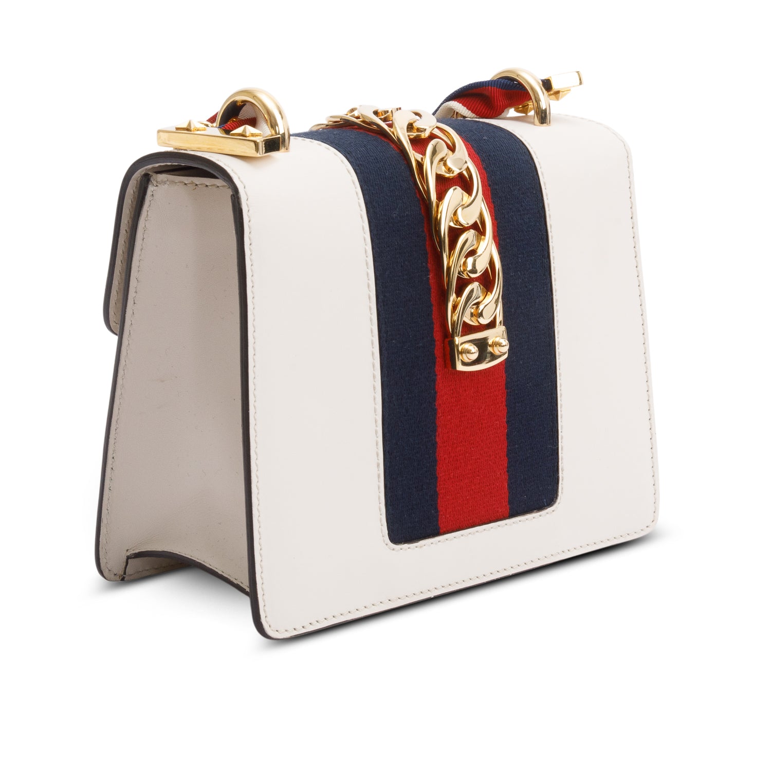 Gucci White Calfskin Leather Web Mini Sylvie Chain Shoulder Bag