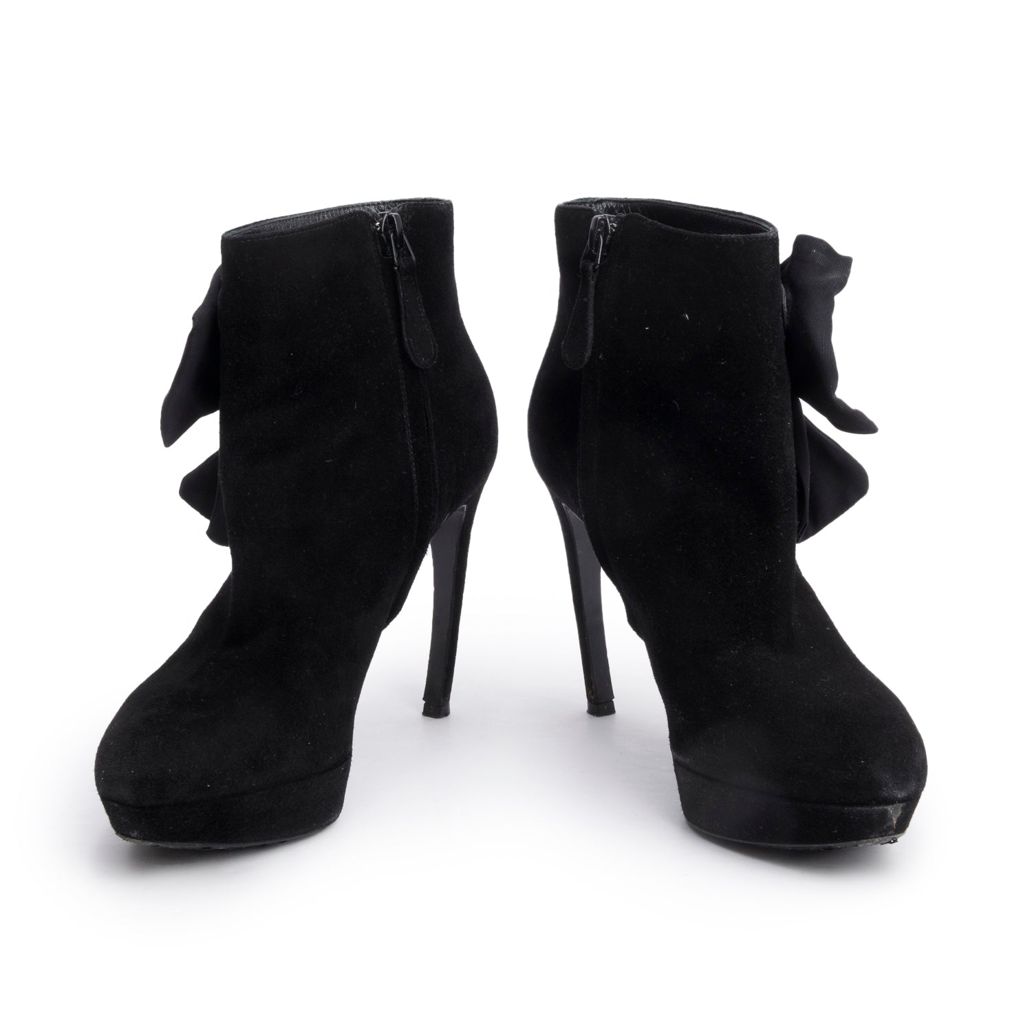 Alexander McQueen Black Suede Bow Ankle Boots, Size 37