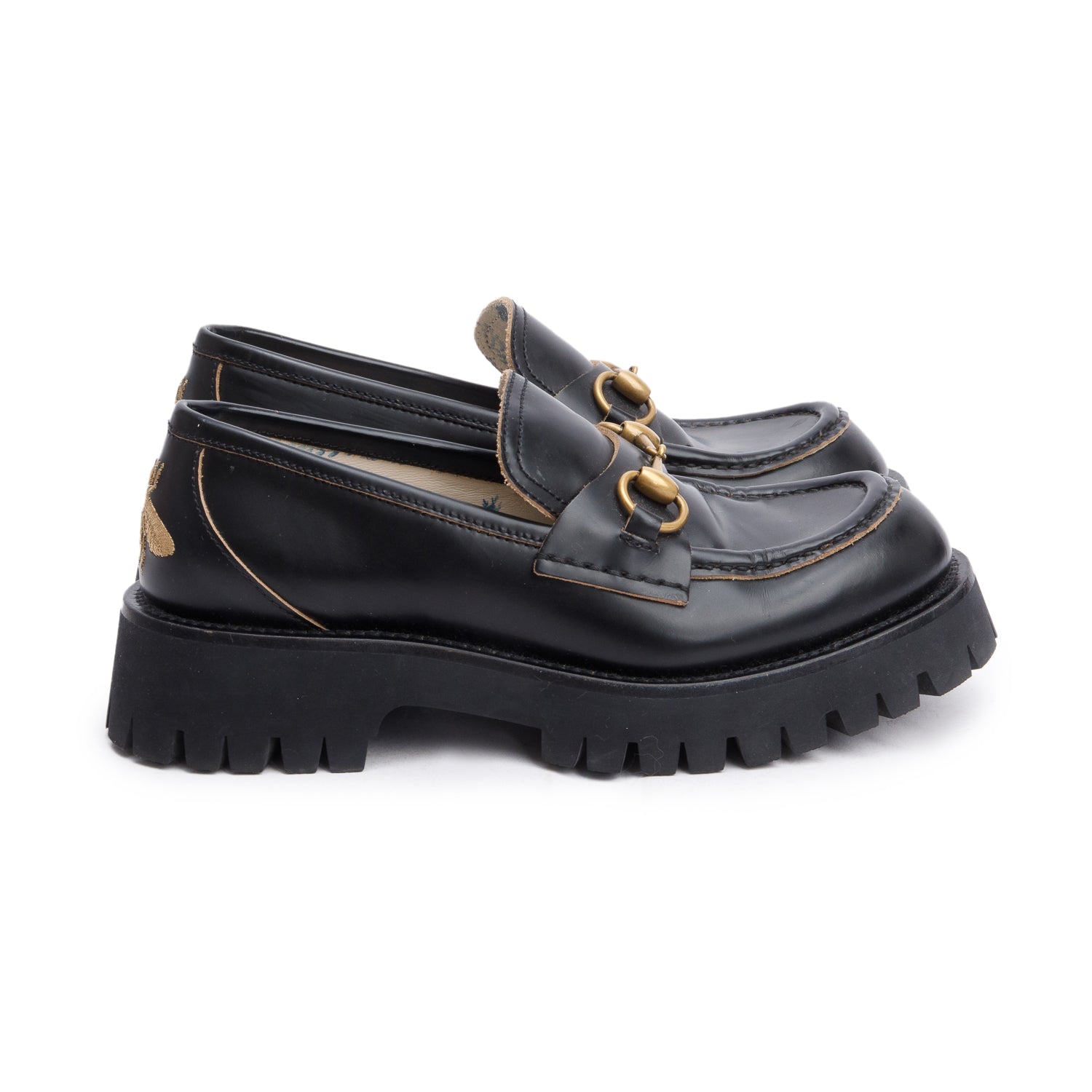 Gucci Black Horsebit Lug Sole Loafers, Size 37