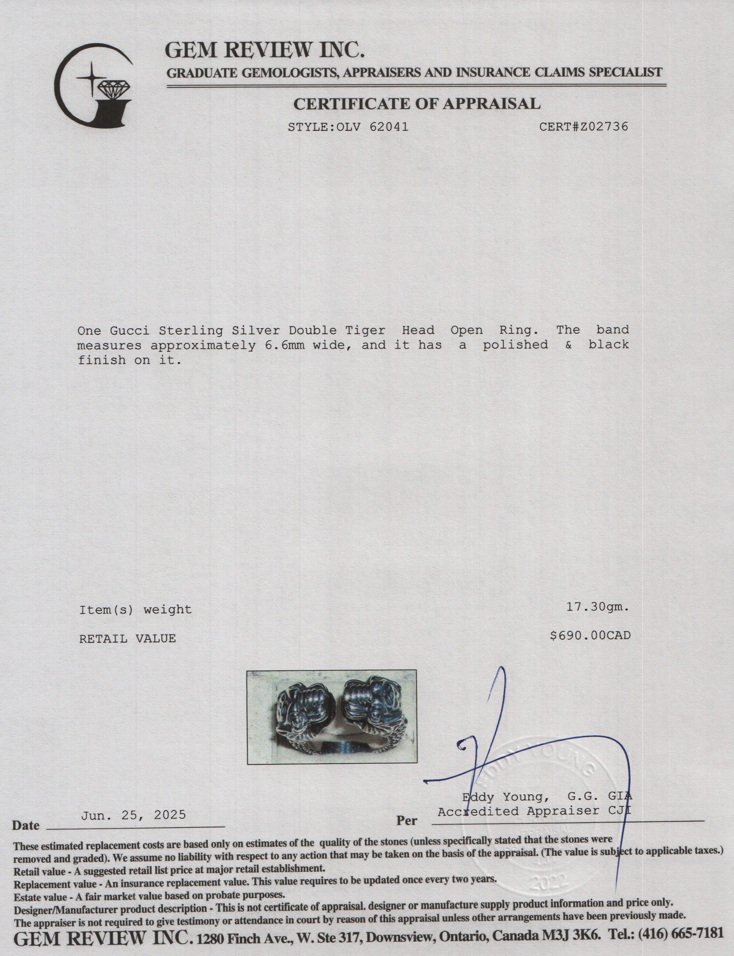 Gucci Sterling Silver Double Tiger Head Open Ring, Size 20 9.5 w/ Box