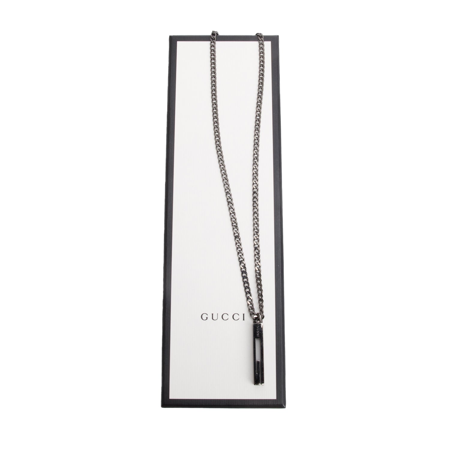 Gucci Blackened Sterling Silver G Bar Pendant Necklace w/ Box