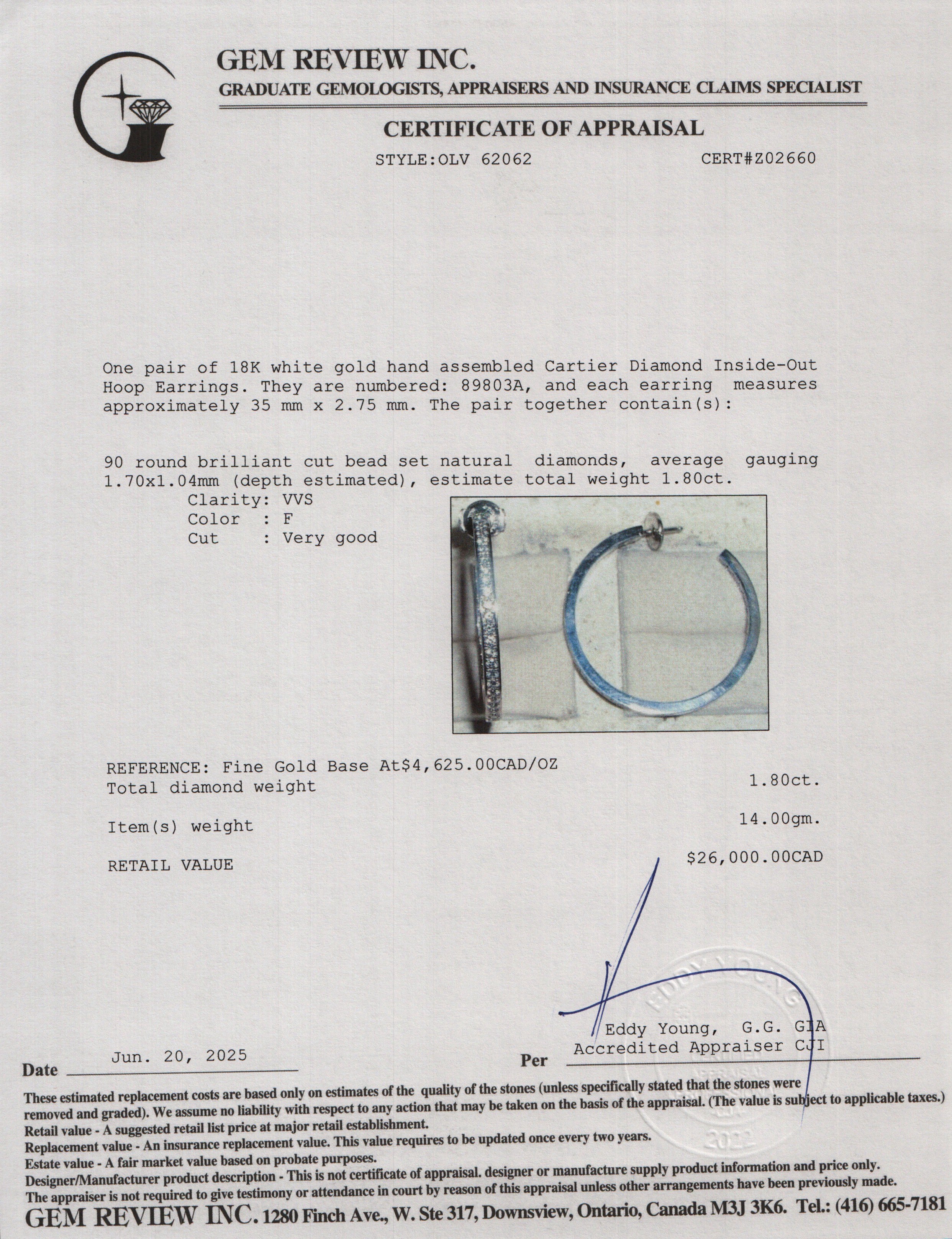 Cartier 18k White Gold Diamond Inside-Out Hoop Earrings w/ Box & Certificate