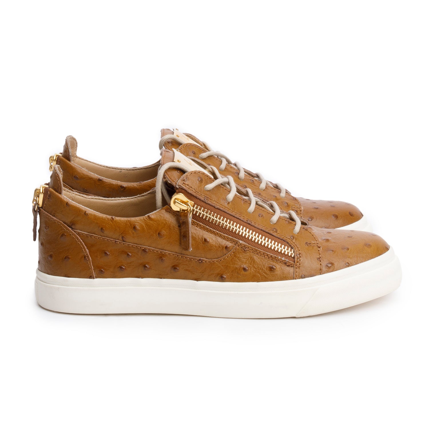 Giuseppe Zanotti Brown Ostrich Leather Lace-Top Sneakers, Size 42
