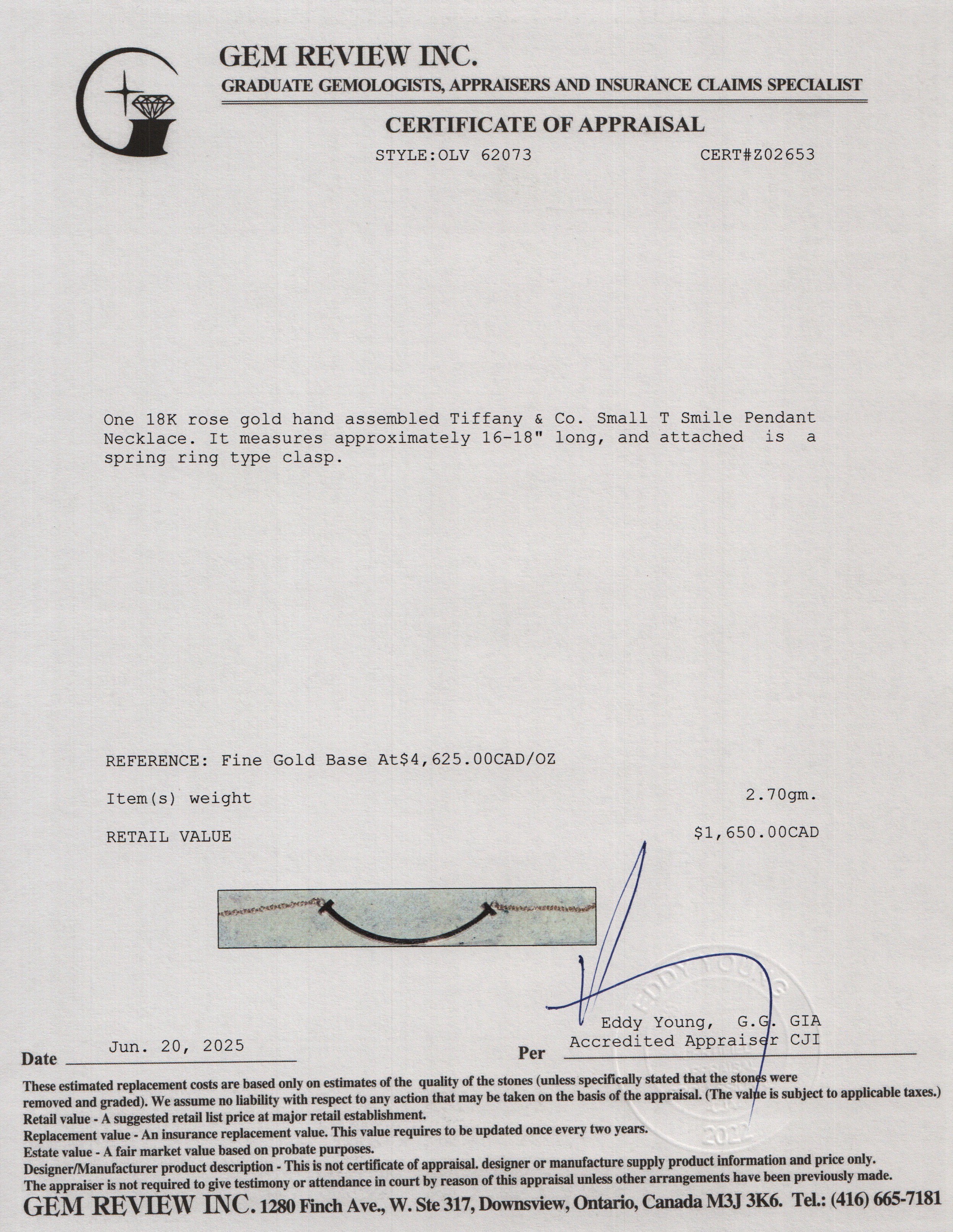 Tiffany & Co. 18k Rose Gold Small T Smile Pendant Necklace w/ Box