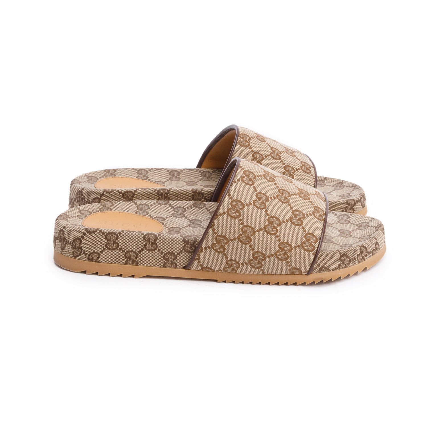 Gucci Beige GG Monogram Granada Kid Canvas Slides, Size 8 w/Box