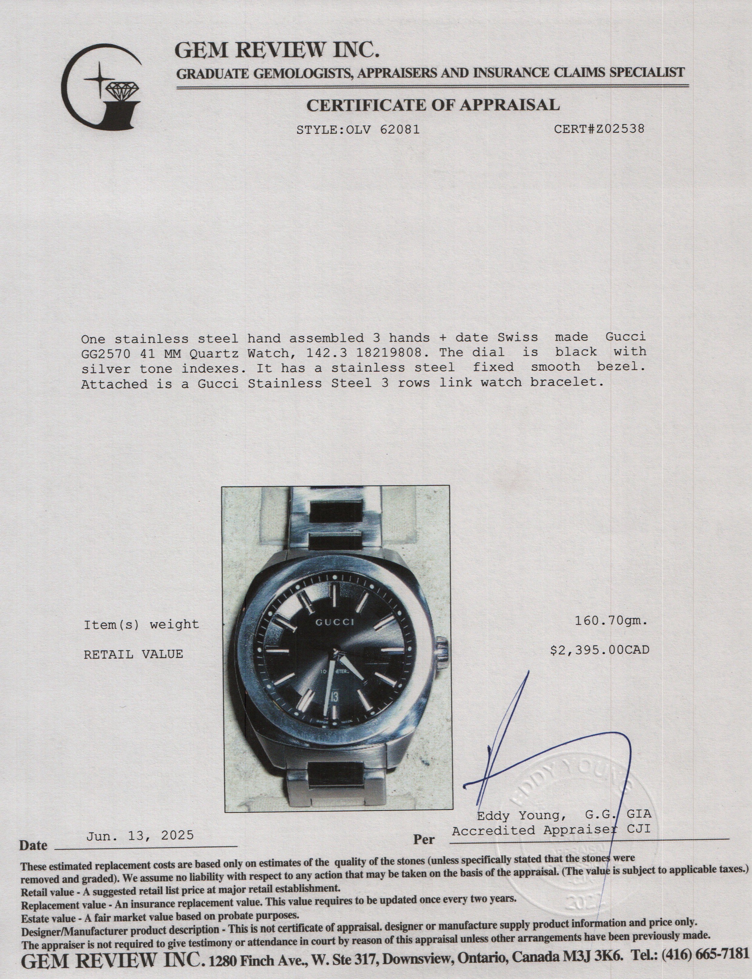 Gucci Stainless Steel GG2570 41 MM Quartz Watch Black Dial w/ Box & Papers