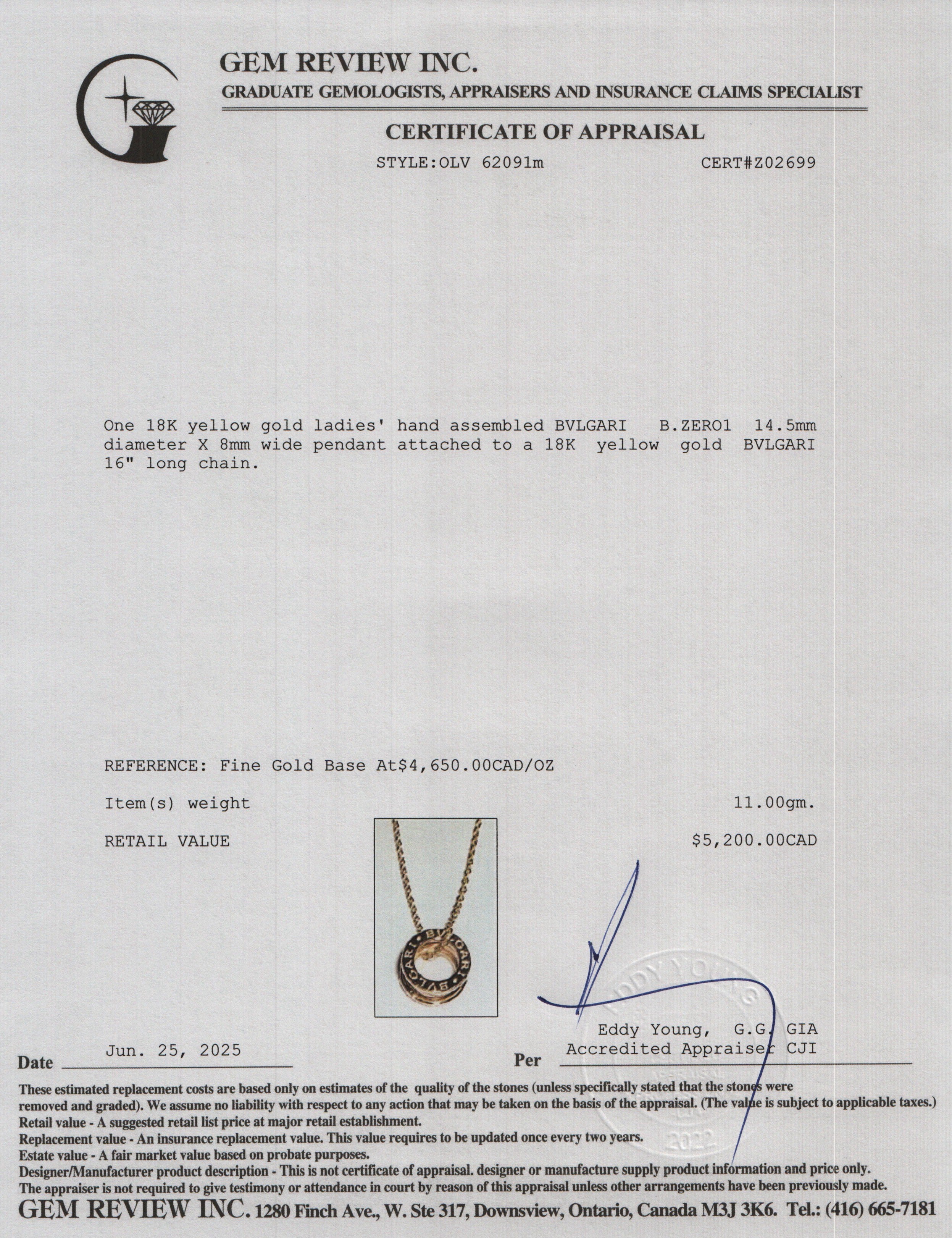 BVLGARI 18k Yellow Gold B.Zero1 Pendant Necklace