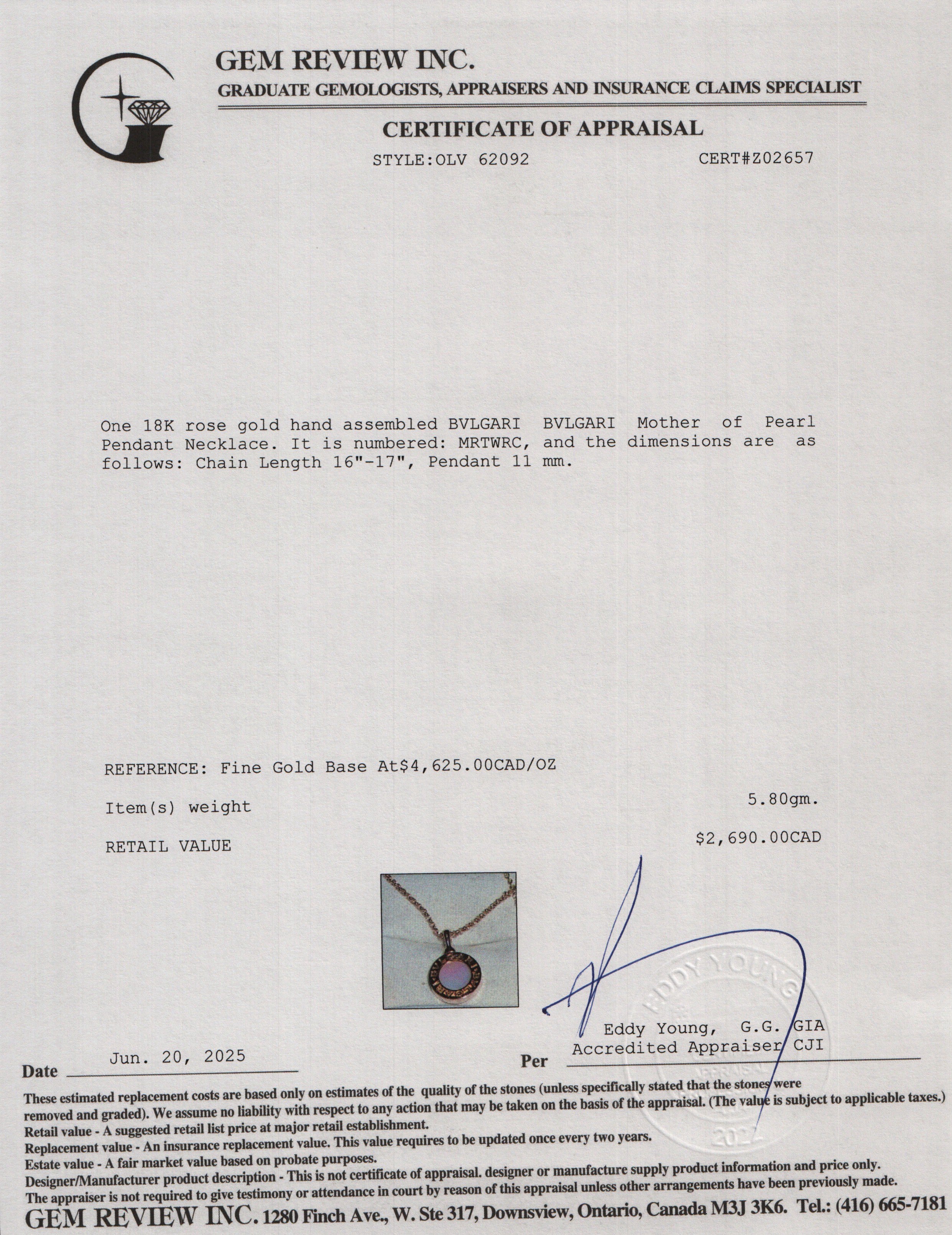 BVLGARI BVLGARI 18k Rose Gold Mother of Pearl Pendant Necklace w/ Box & Certificate