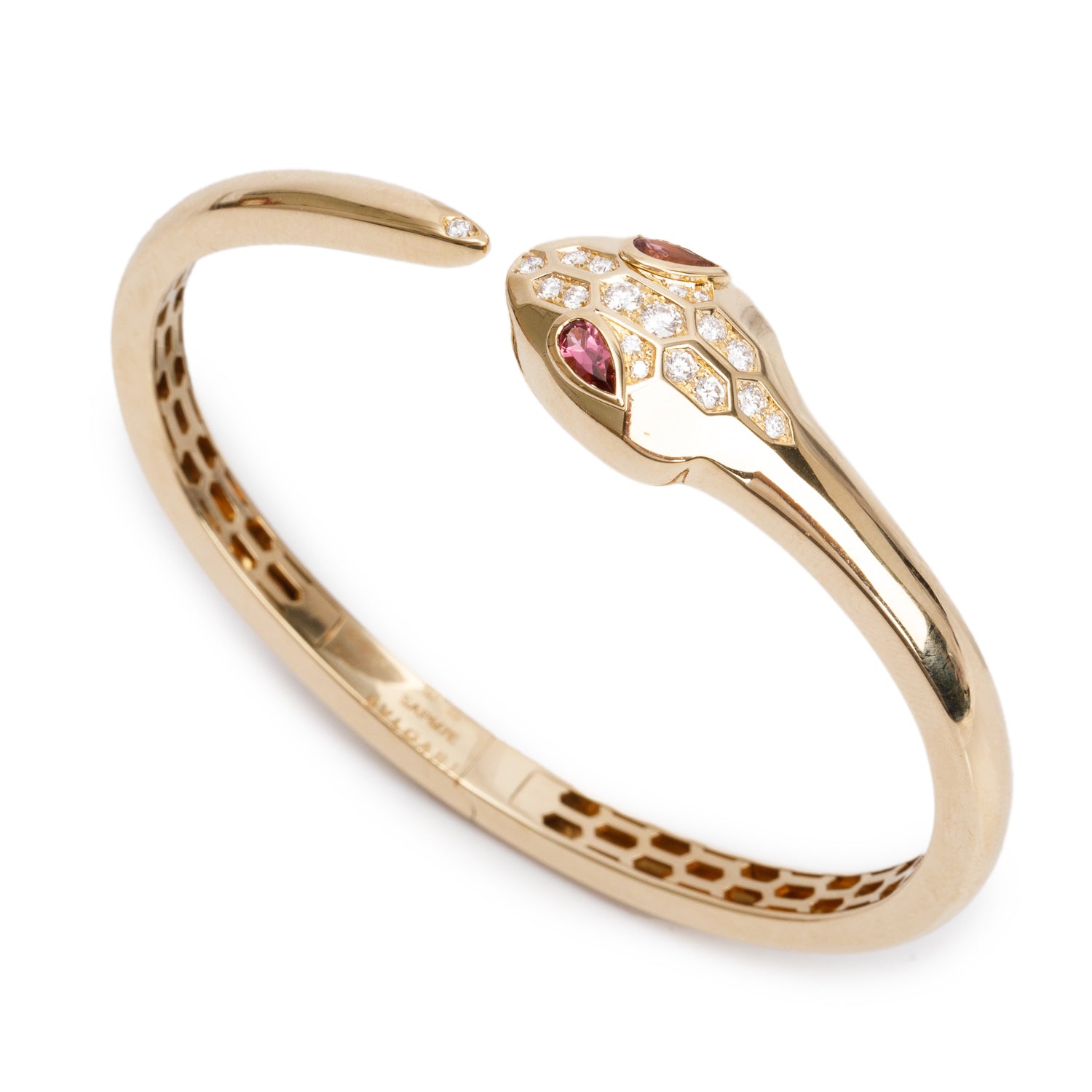 BVLGARI 18k Yellow Gold Diamond & Rubellite Serpenti Seduttori Bracelet, Size S w/ Box