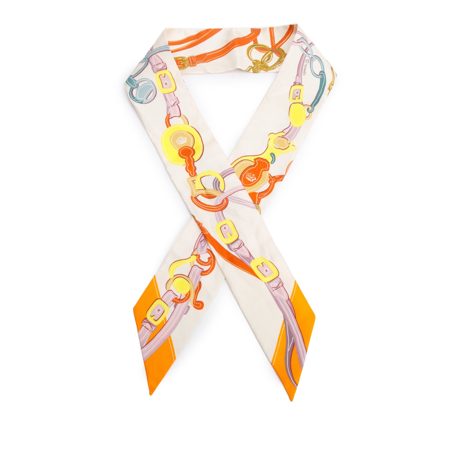 Hermes Creme/Orange 'Brides de Gala Applique Pique' Silk Twilly