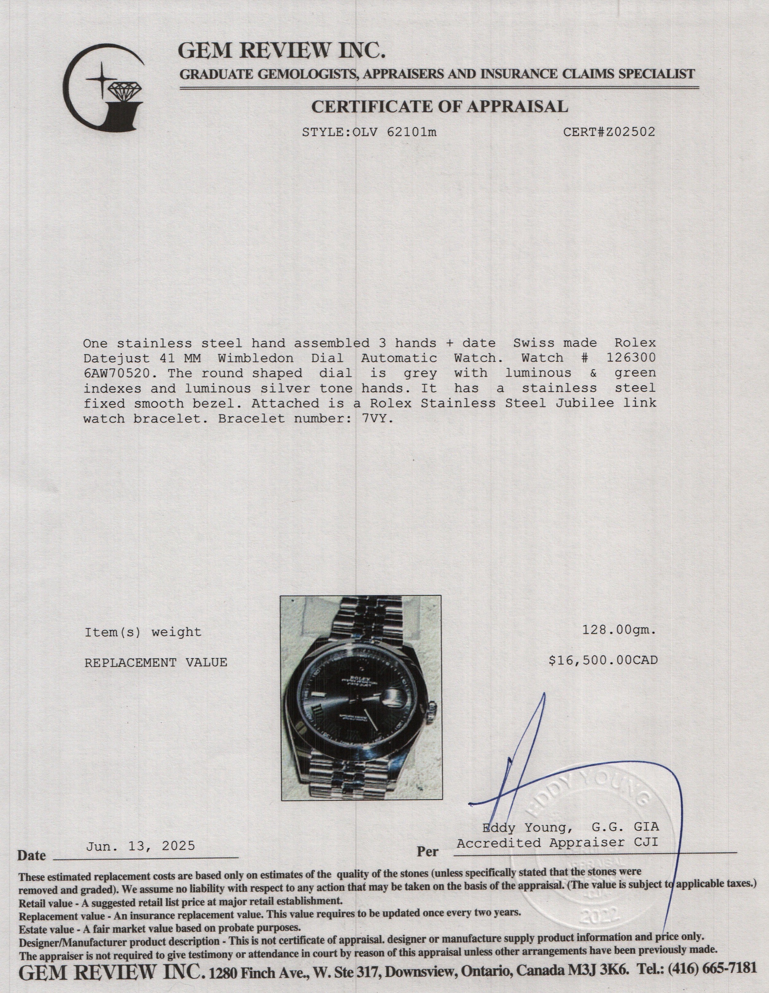 Rolex 2024 Stainless Steel Datejust 41 MM Wimbledon Dial Automatic Watch 126300 w/ Box & Papers