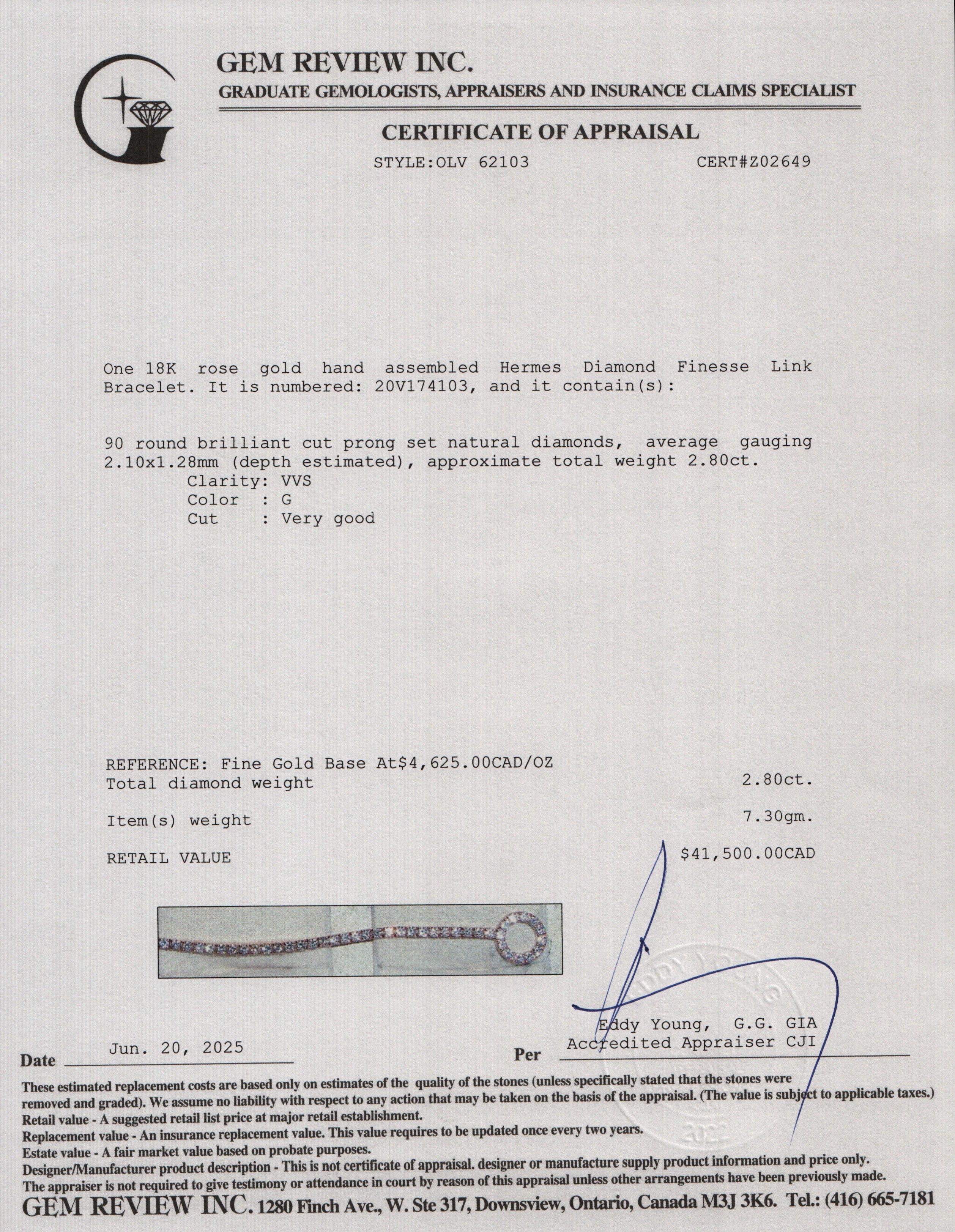 Hermes 2022 18k Rose Gold Diamond Finesse Link Bracelet w/ Box & Receipt