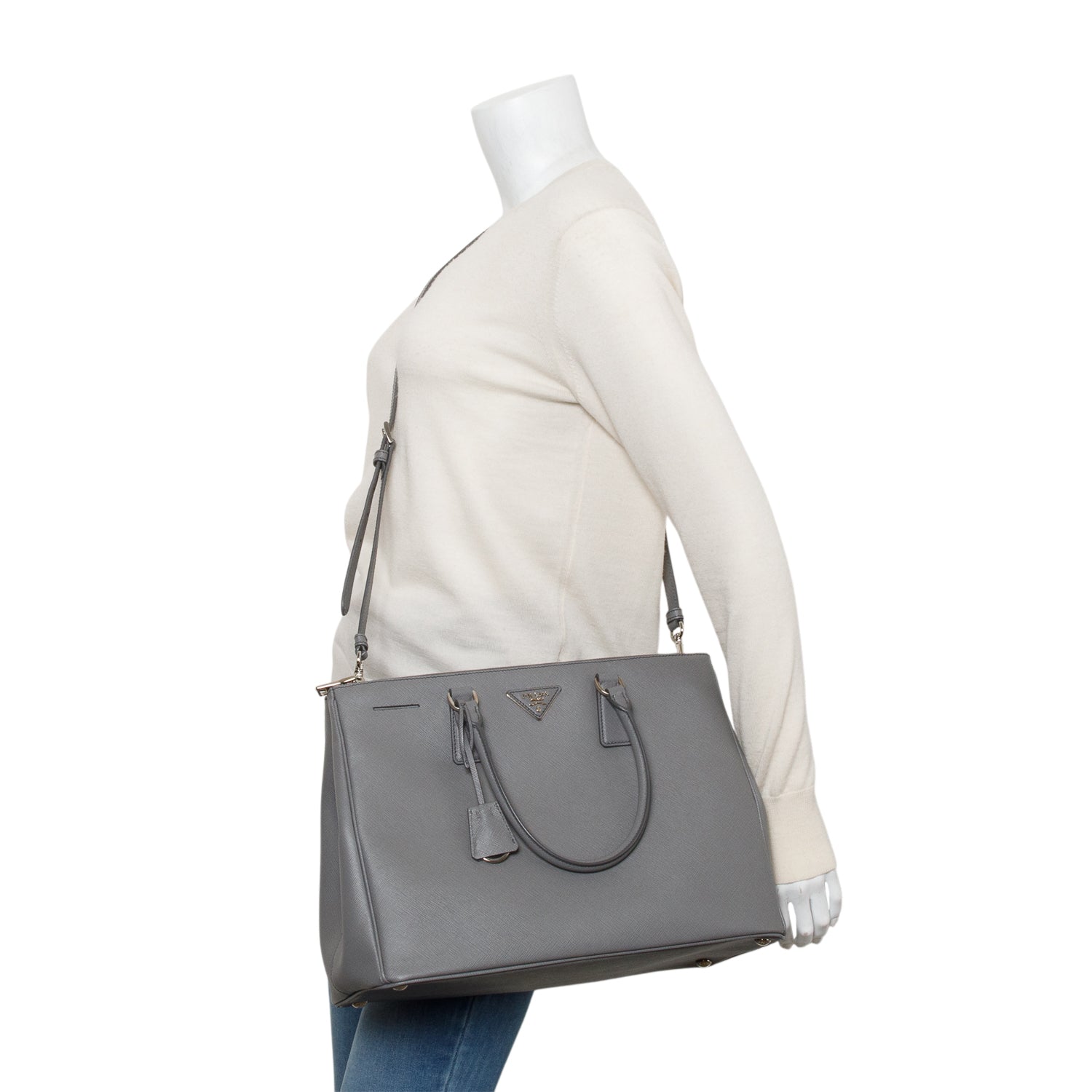 Prada Grey Saffiano Lux Large Double Zip Galleria Tote w/ Strap & Authenticity Card
