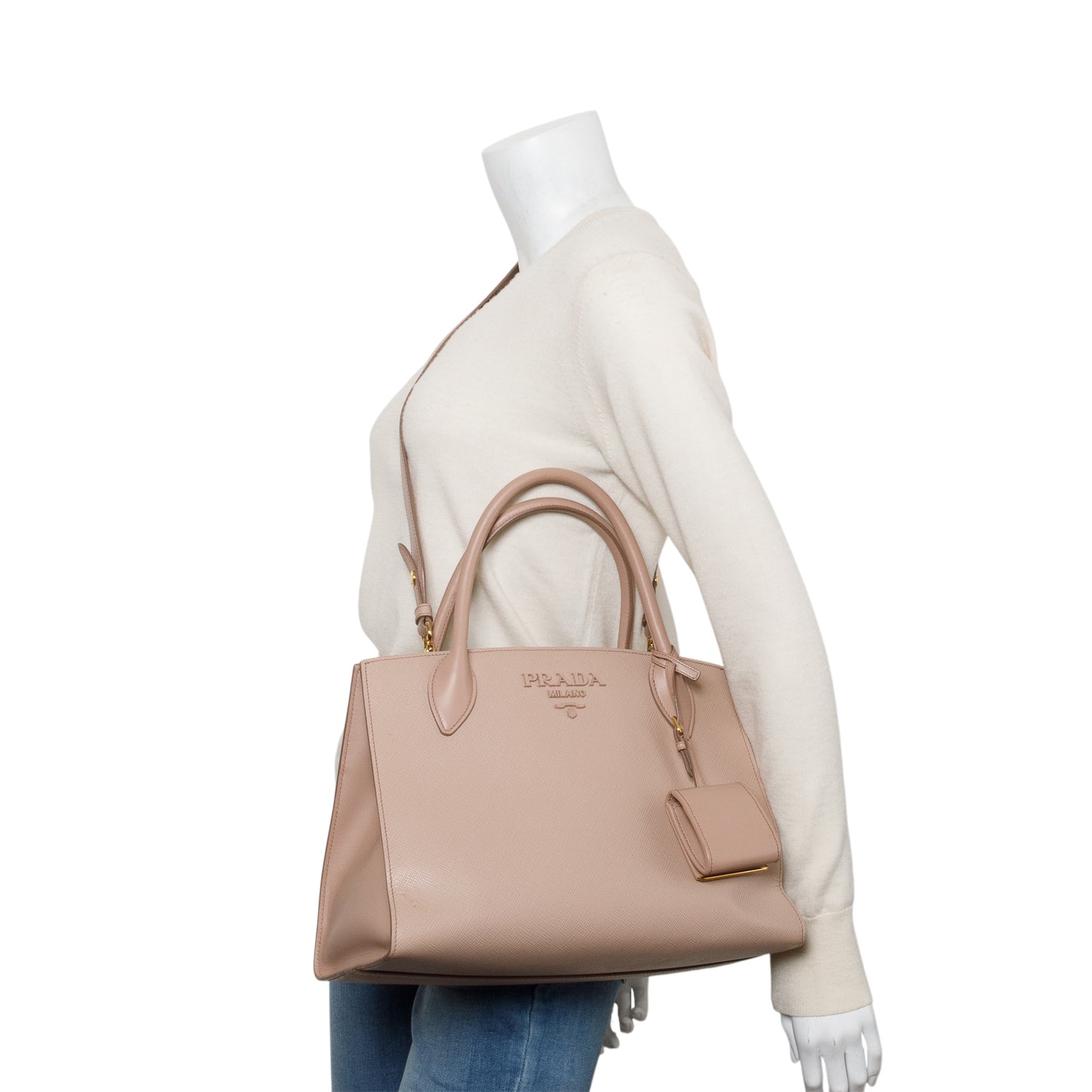 Prada Beige Saffiano Cuir Medium Monochrome Top Handle Tote w/ Strap & Authenticity Card